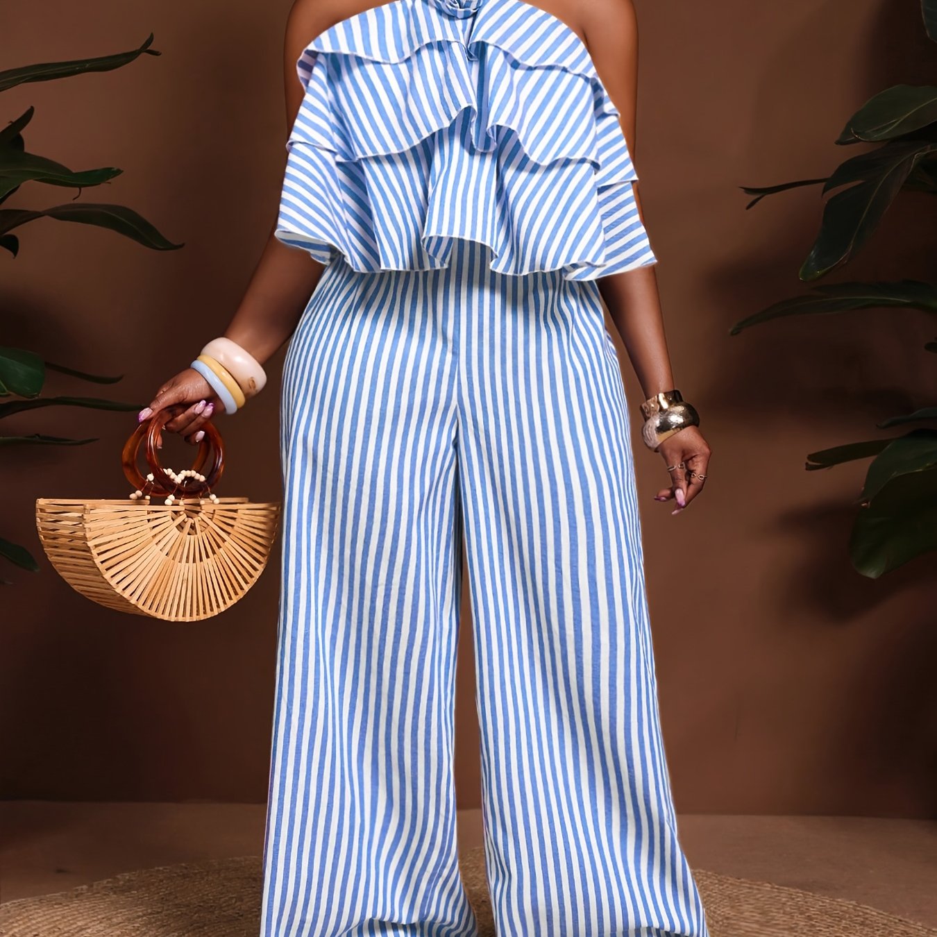 Combinaison pantalon rayée contrasté décontracté élégant col halter