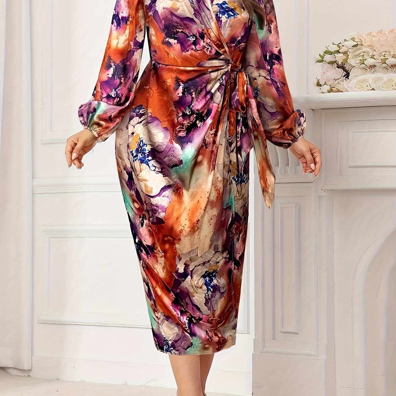 Élégante robe Imprimée grande taille pour femmes , Col en V, manches longues