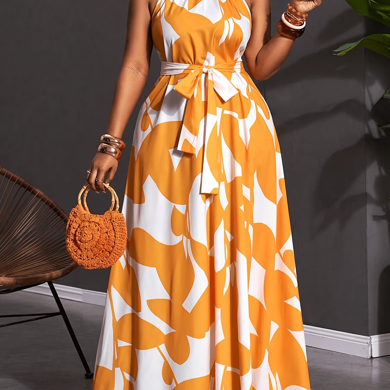 Robe Longue Ample Imprimée Sans Manches Épaules Dénudées, Convient pour les Vacances, les Rendez-vous, la Photographie