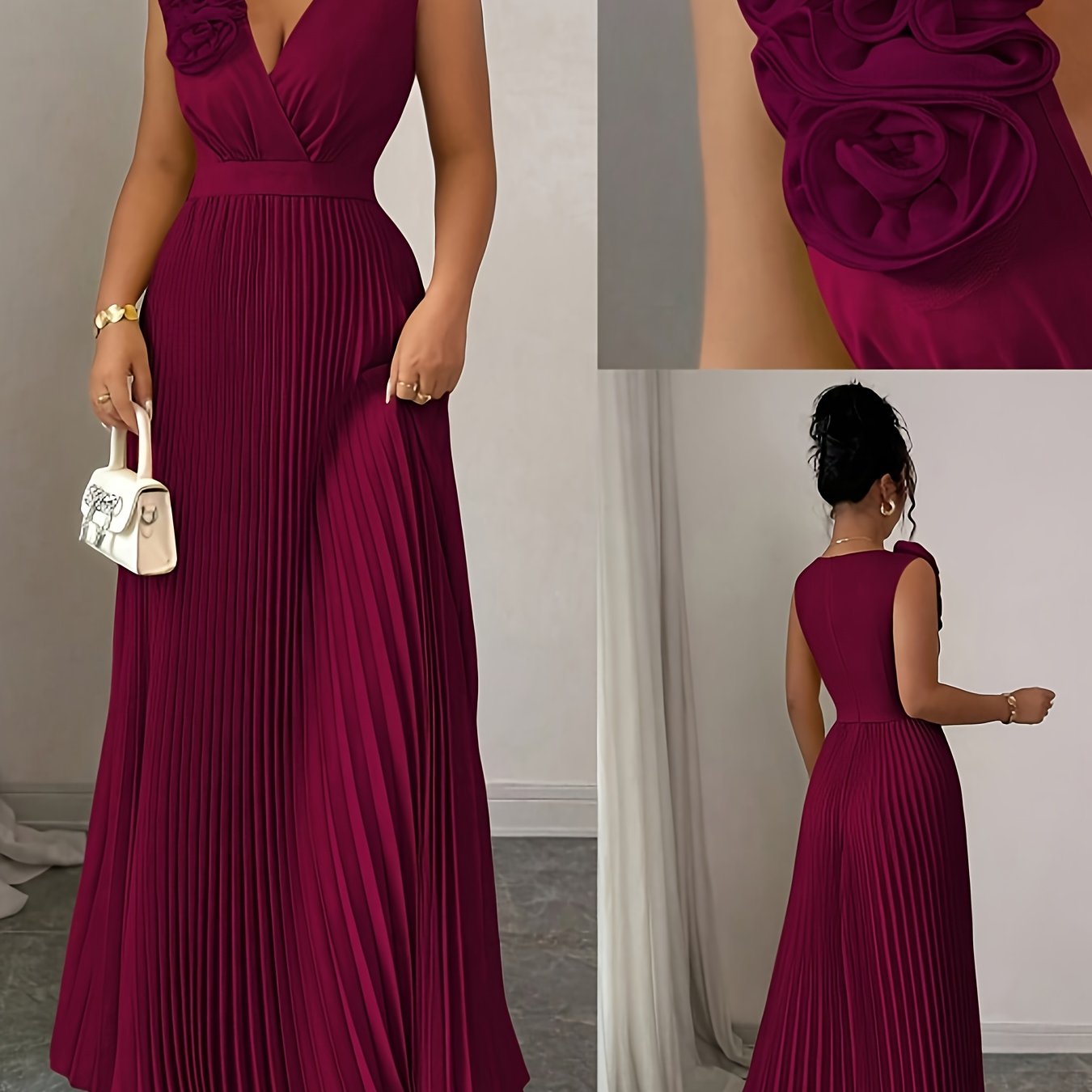 Robe plissée ,à Col en V, Taille Cintrée, et Florale, Coupe Trapèze