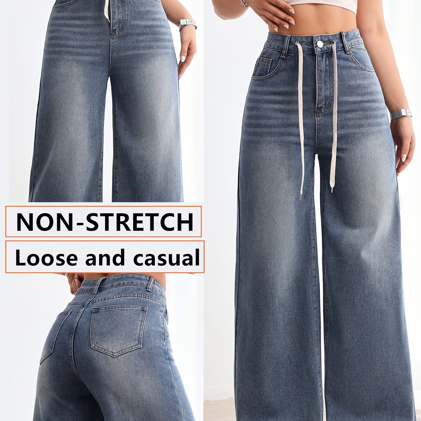 Pantalon en jean pour femme, taille haute et jambes larges ,effet délavé avec cordon de serrage à la taille (Disponible en plusieurs tailles de XS à XXL)