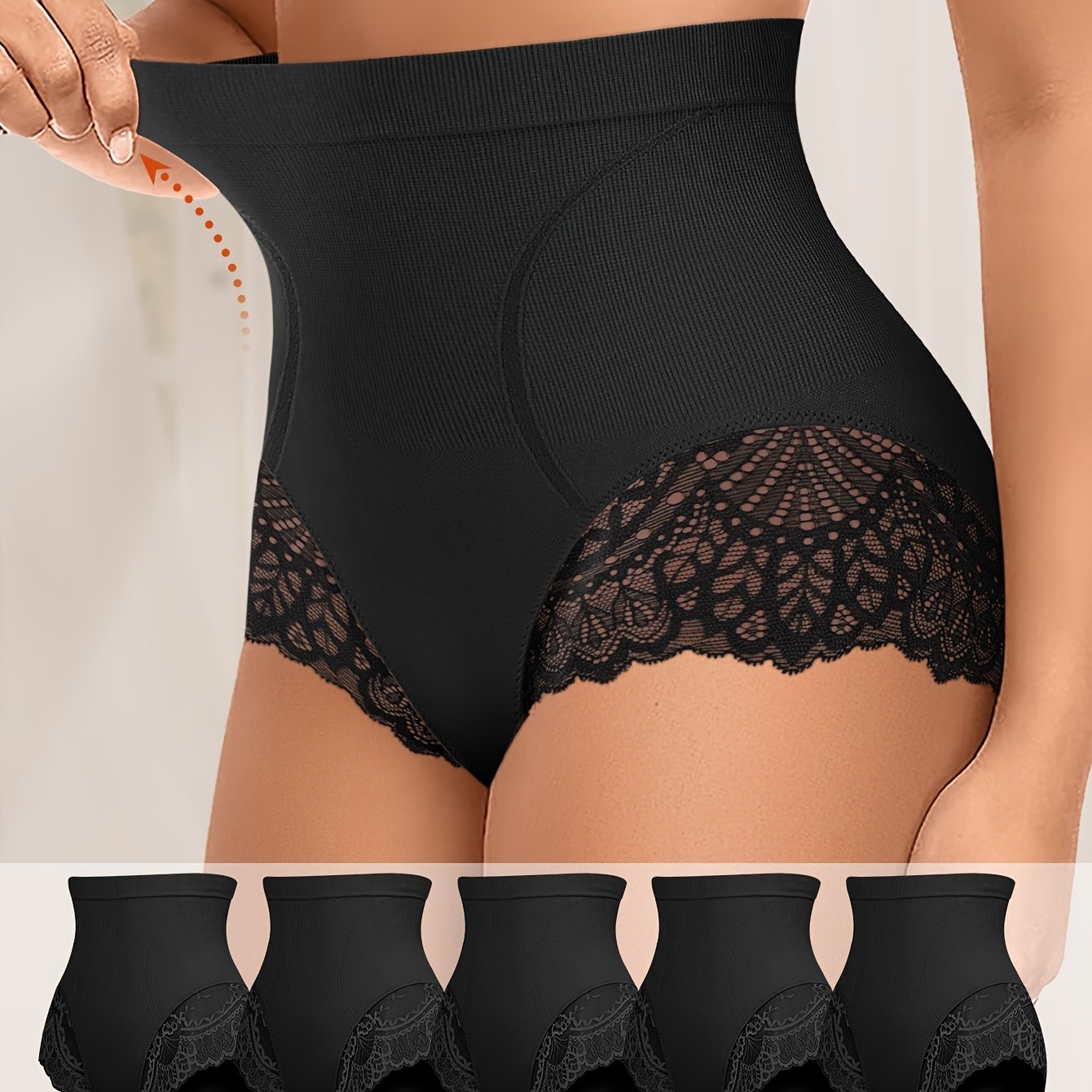 Lot de 5 culottes taille haute ,grande taille pour femme, en lycra et dentelle.