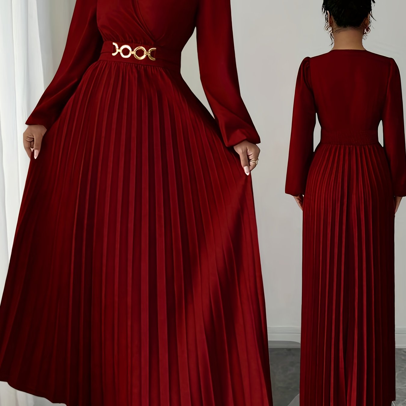 Robe plissée, élégante, ajouts en métal, fermeture éclair latérale et conception de volants sur le dos.