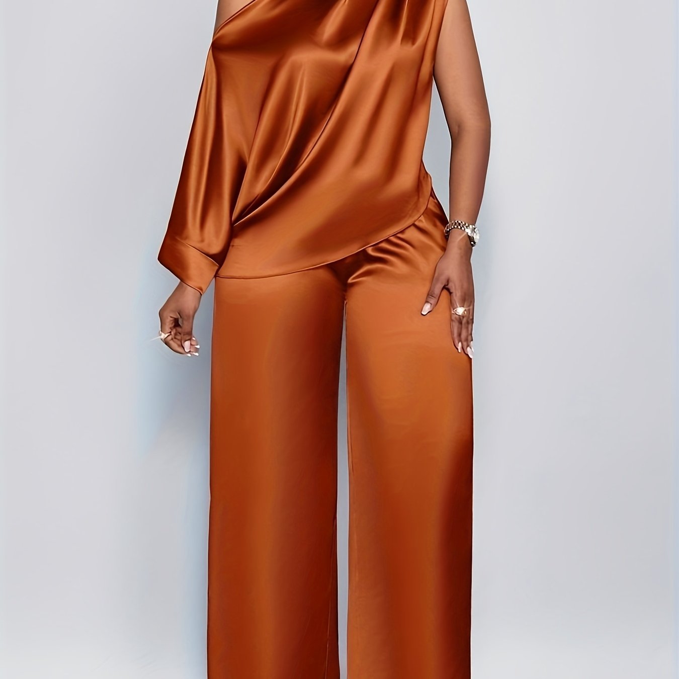 Élégante ensemble pantalon droit , asymétrique encolure mode et raffinée manches chauve-souris Ourlet asymétrique chemisier en satin e