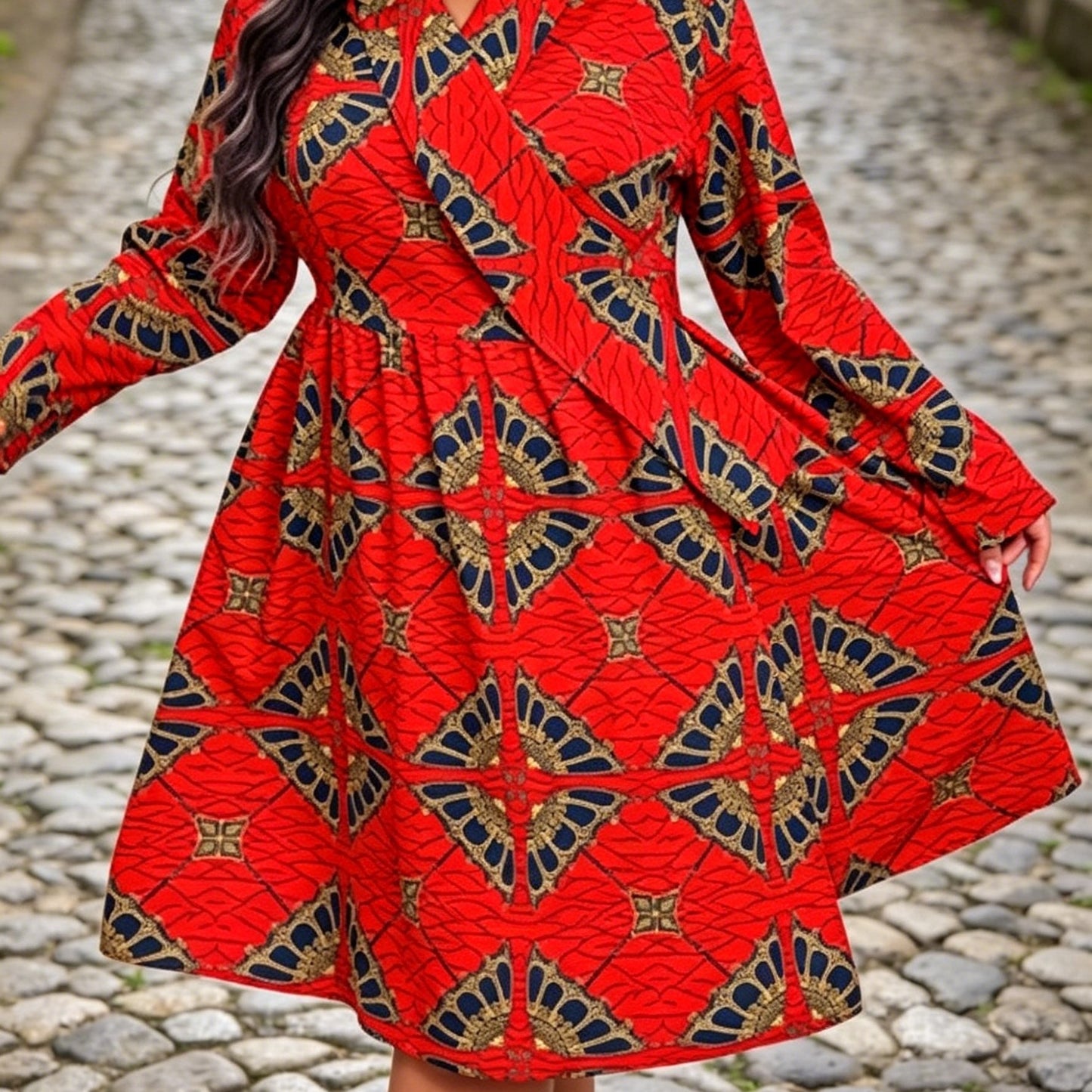 Robe Afro-Américaine Dashiki grande taille pour femme à imprimé cire - robe enveloppante à col en V et taille haute, manches longues