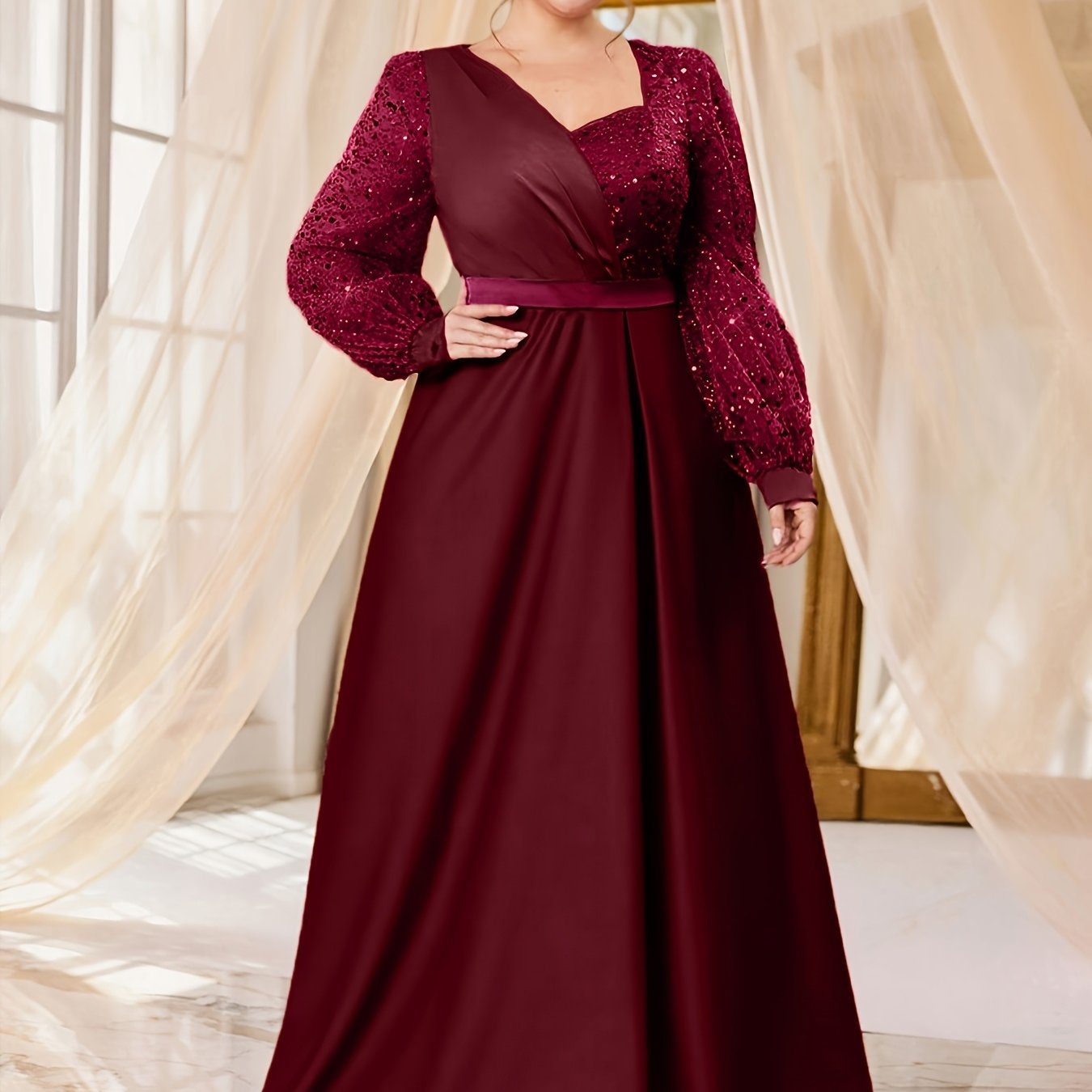 Grande Taille - Robe en Satin Patchwork de Dentelle à Sequins pour Femmes