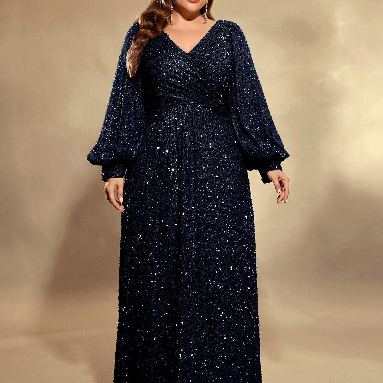 Grande Taille Robe de soirée élégante à sequins, manches lanternes longues et col en V pour femmes