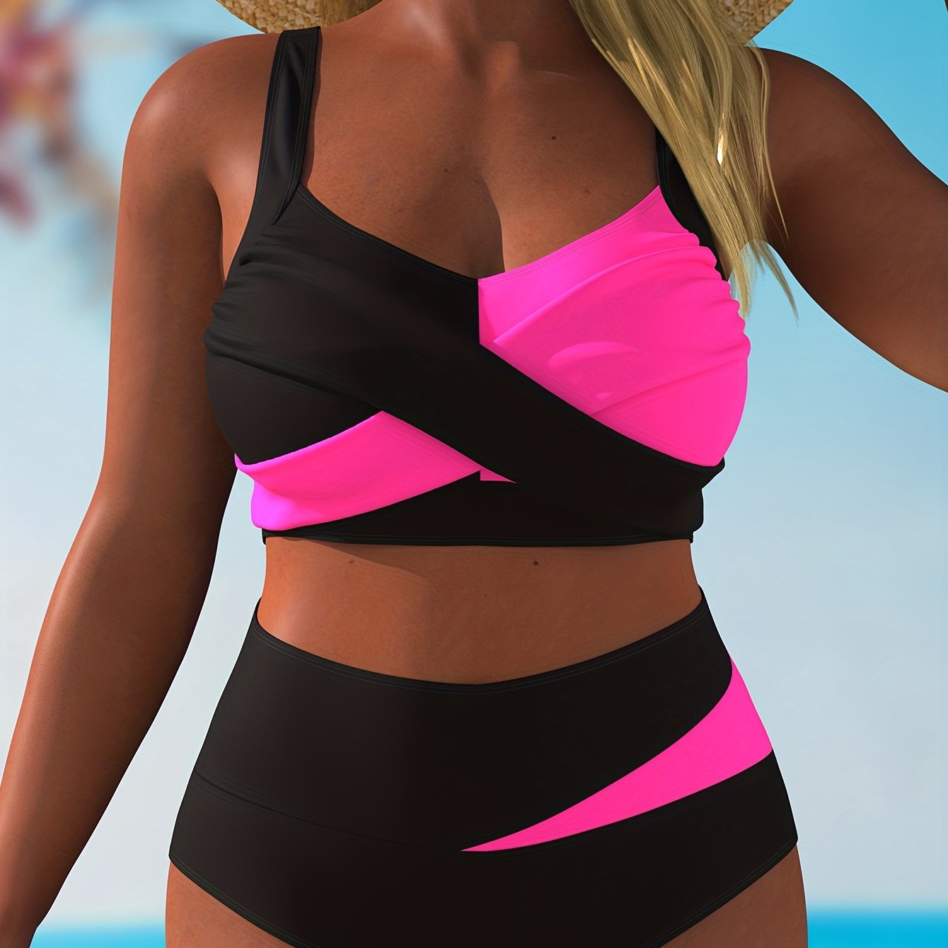 Ensemble bikini grande taille pour femmes, contrasté, froncé, à bretelles croisées et très extensible