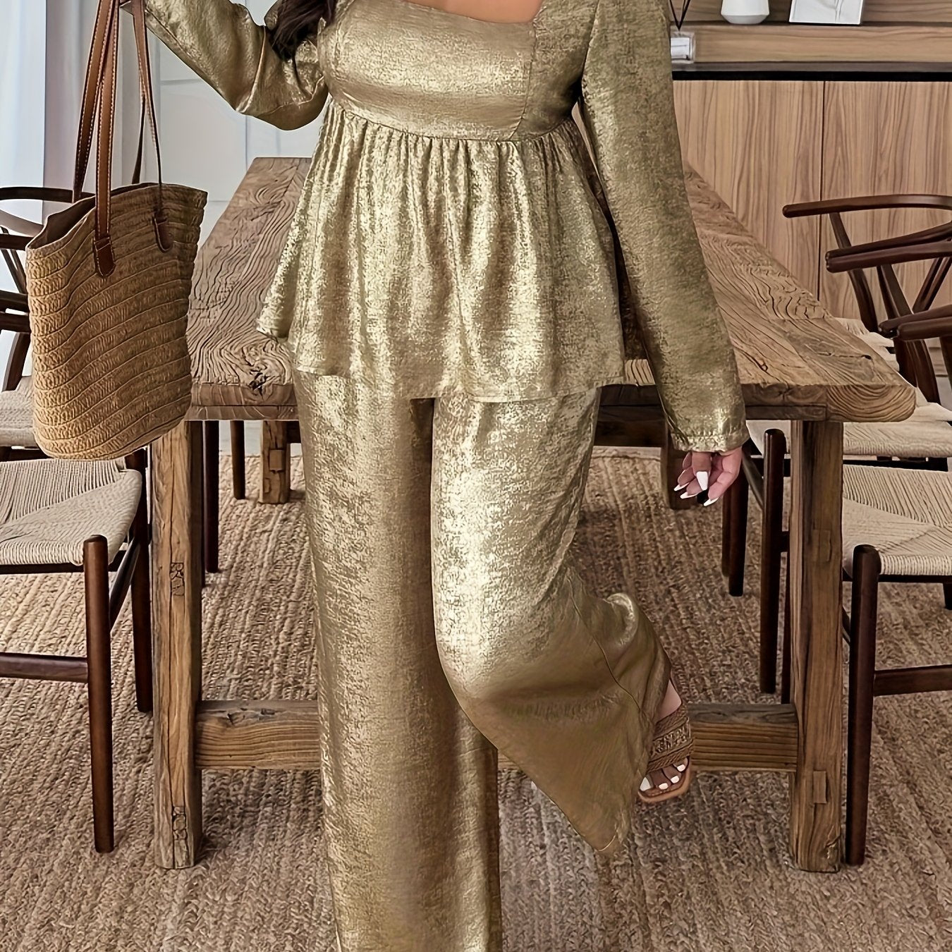 Ensemble haut à col carré brillant doré et pantalon large ,style élégant et tendance