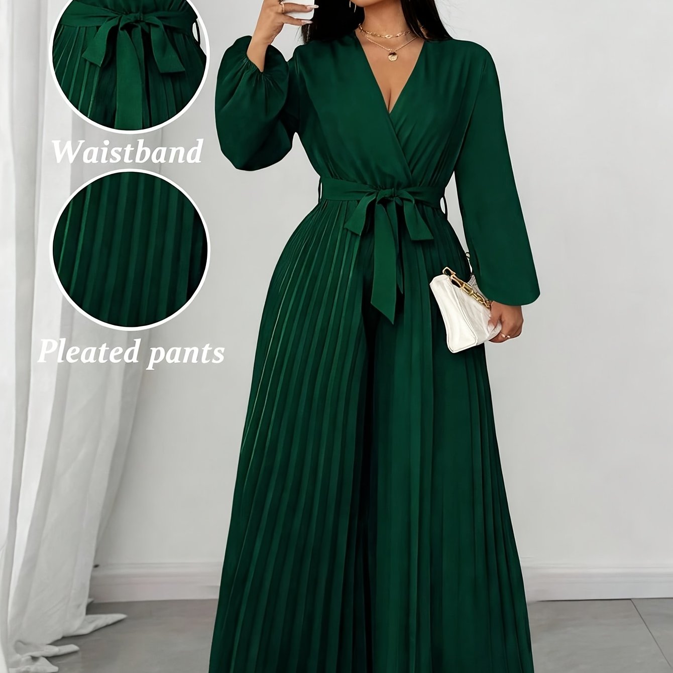 Combinaison femme grande taille , col V, manches longues, taille ajustable et pantalon plissé à Jambes Larges