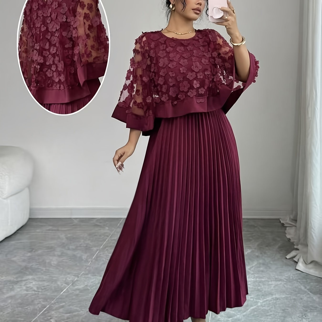 Jupe longue plissée ,grande taille, élégante chandail en voile transparente ornée de fleurs, 2-en-1