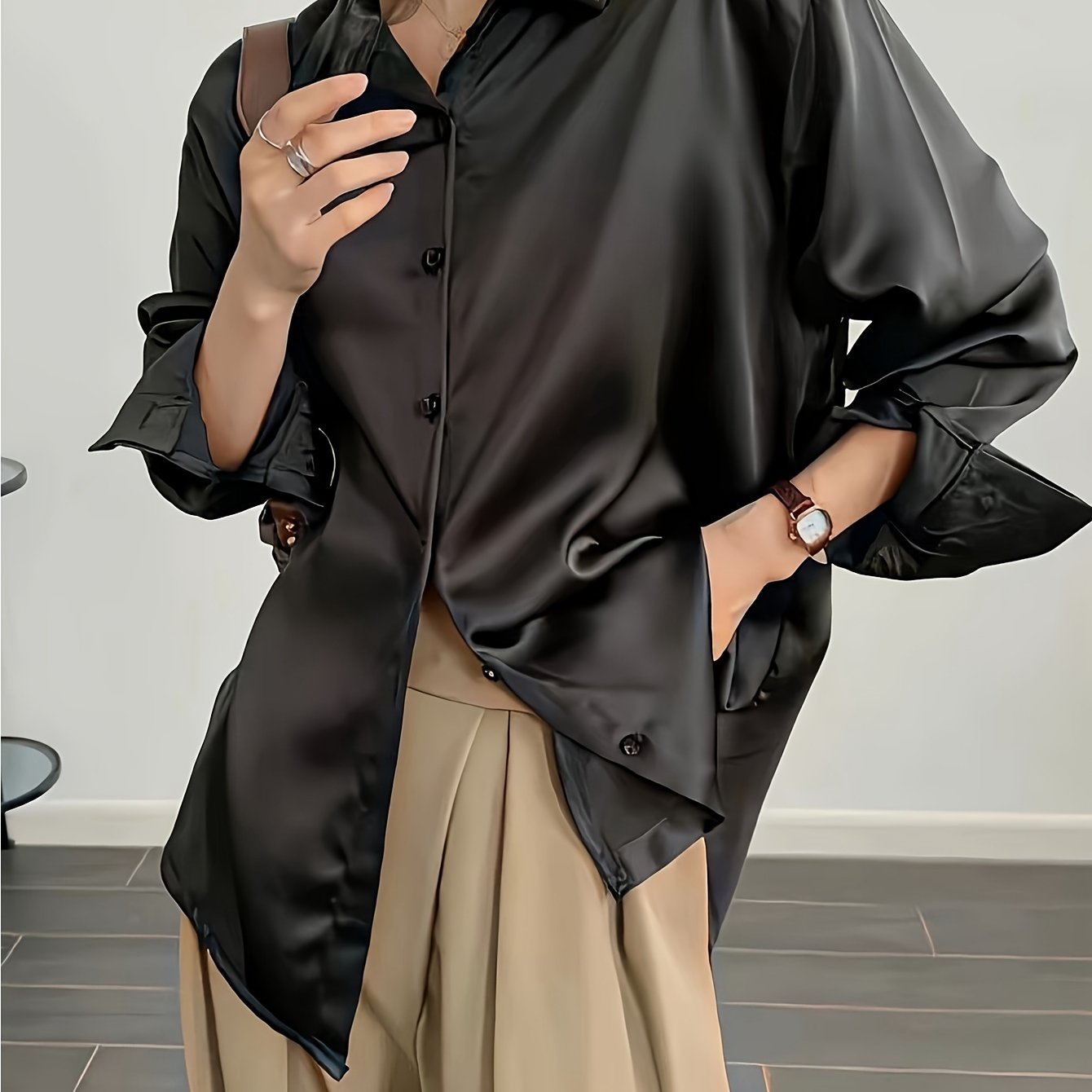 Chemise Décontractée en satin grande taille, pour femme ,à manches longues.