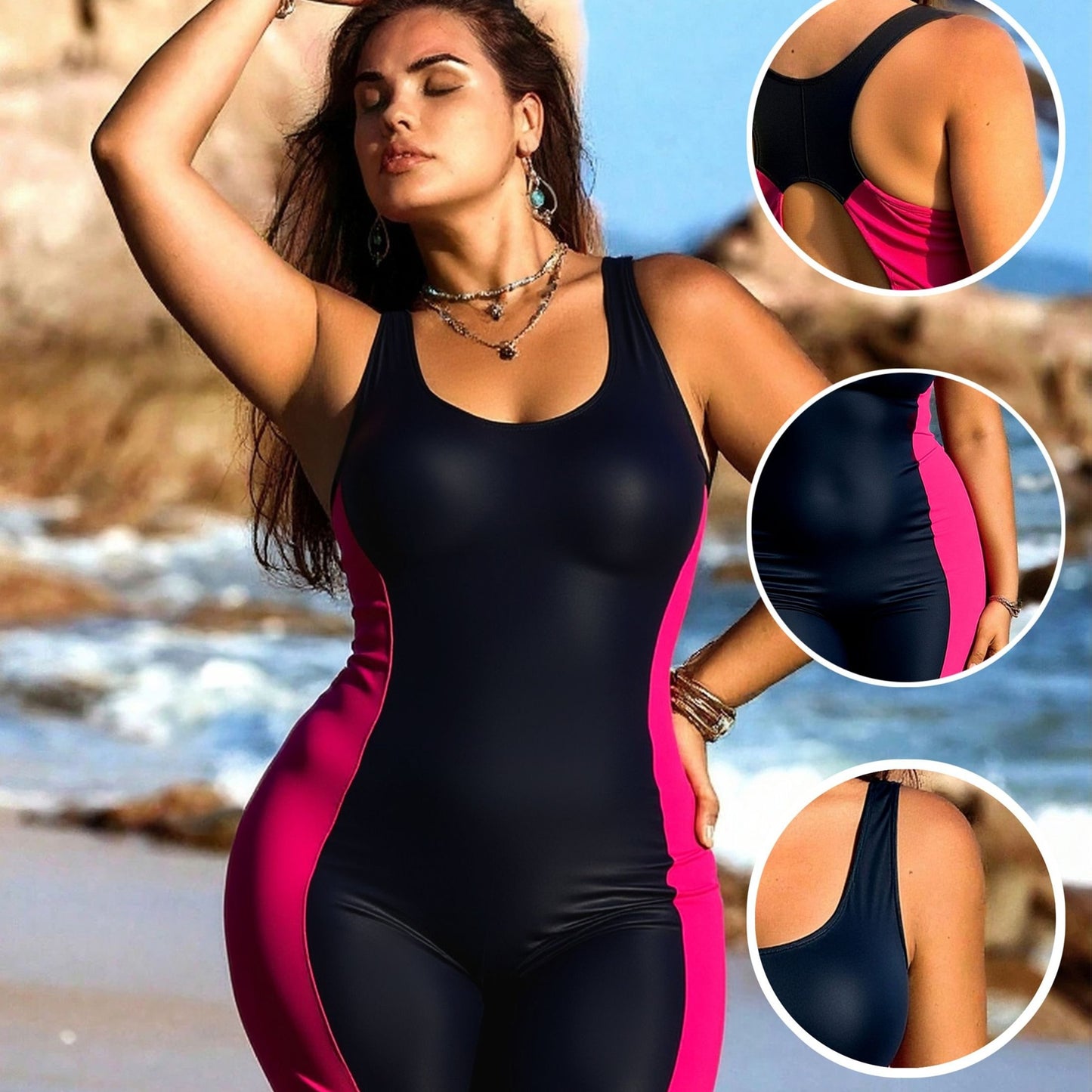 Maillot de bain grande taille noir et fuchsia à blocs de couleurs avec short, style cross-border