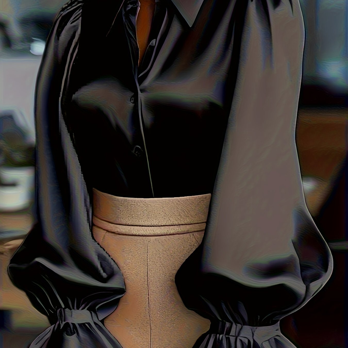 Chemise élégante et pleine de tempérament en satin et crêpe satinée à manches lanternes bouffantes.