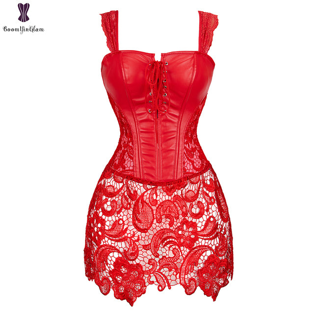 Robe Corset Bustier En Faux Cuir À Lacets, Noir Et Rouge, Grande Taille Avec String .