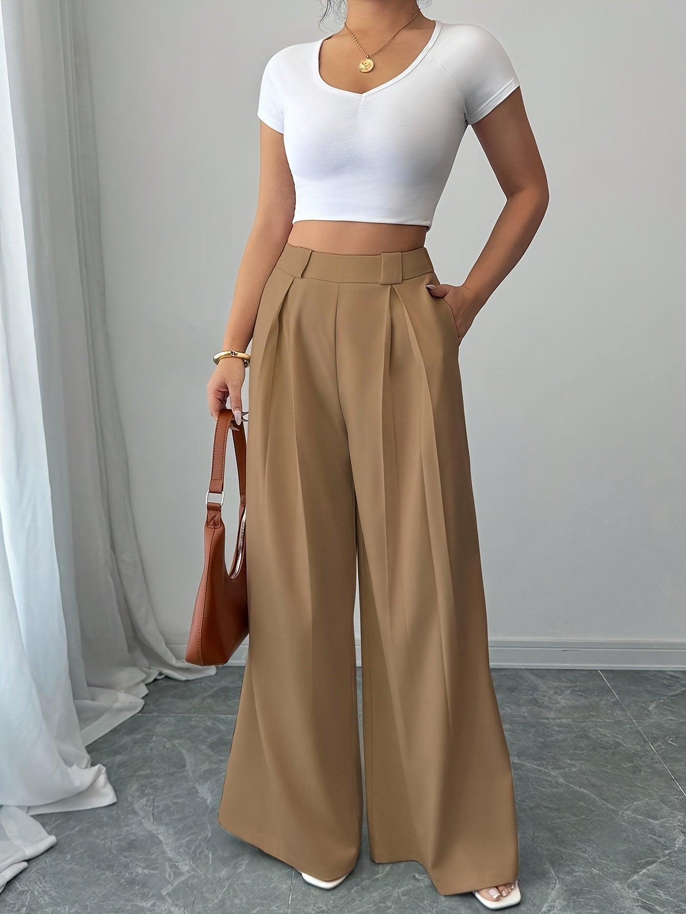 Ensemble de pantalons taille haute 2 pièces pour femmes, couleur unie, style élégant
