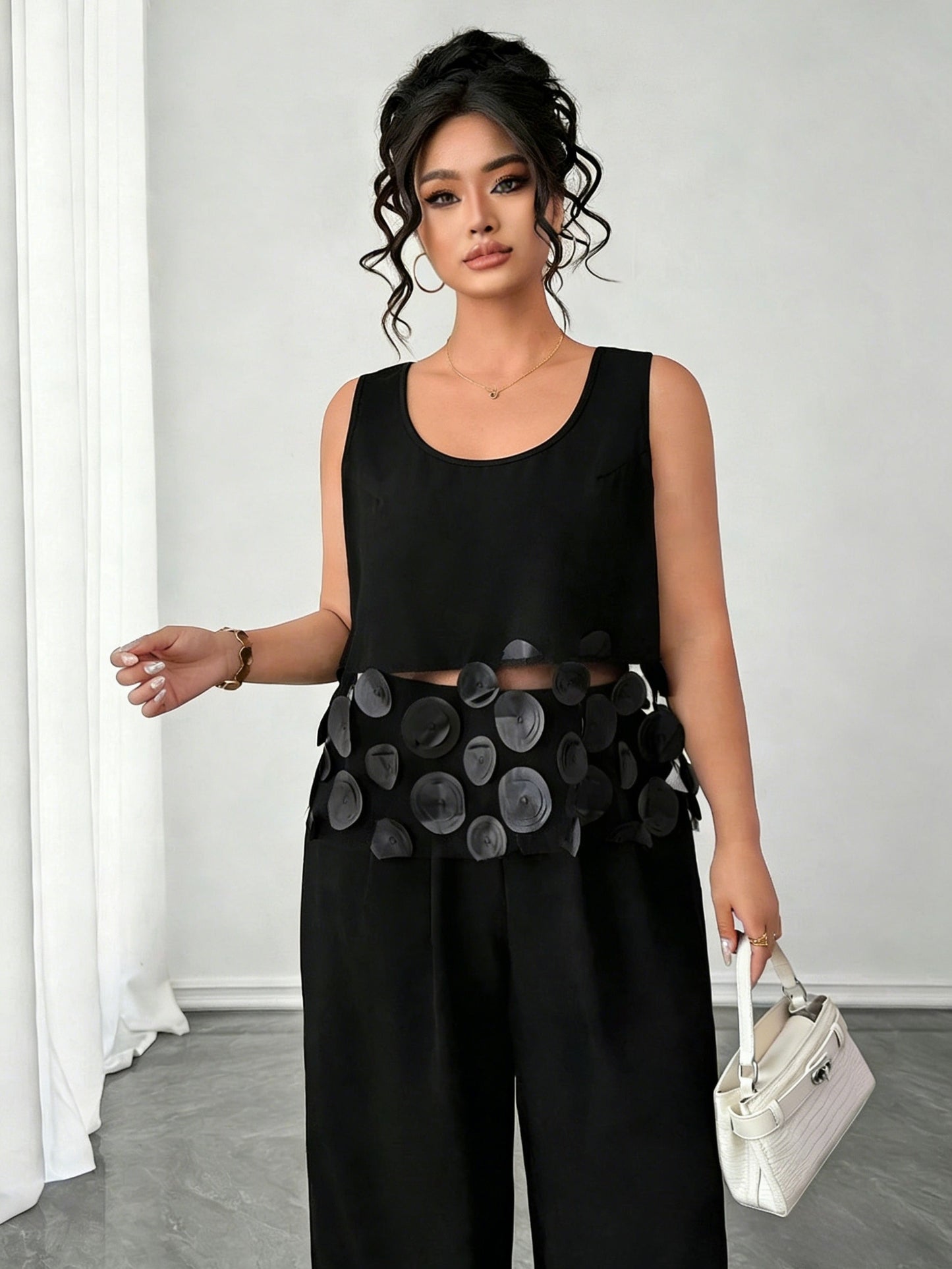 Ensemble 2 pièces grande taille pour femme : haut élégant sans manches à col rond de couleur unie + pantalon décontracté ample avec bordure en résille