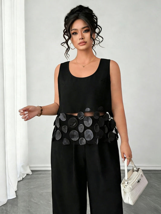 Ensemble 2 pièces grande taille pour femme : haut élégant sans manches à col rond de couleur unie + pantalon décontracté ample avec bordure en résille