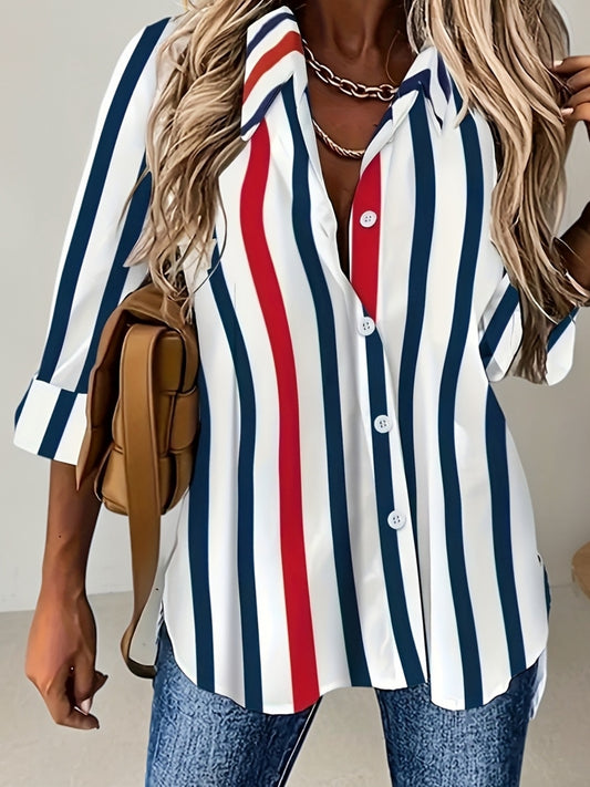 Chemise à manches longues pour femme grande taille, élégante et stylée, avec imprimé à rayures colorées