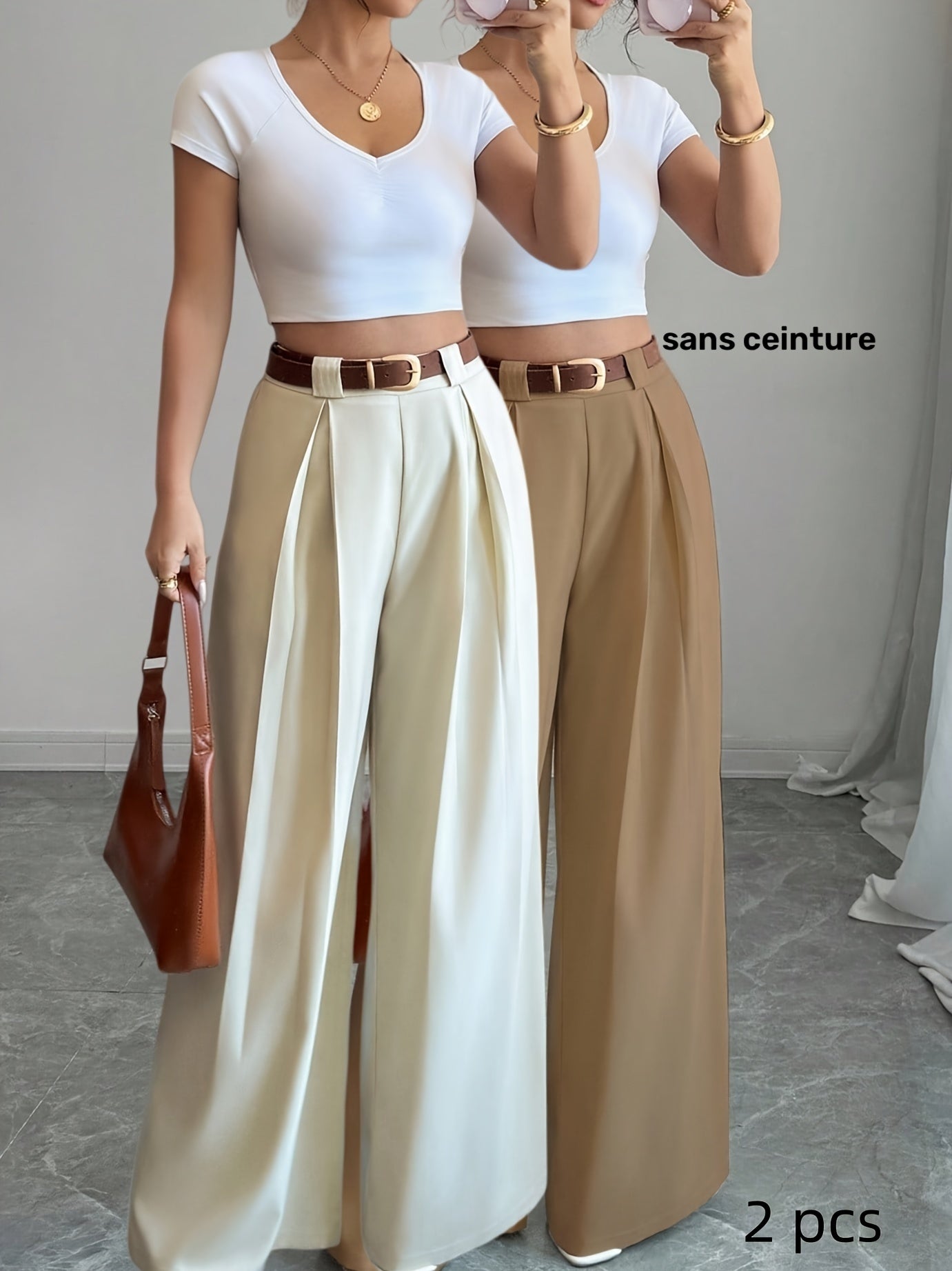Ensemble de pantalons taille haute 2 pièces pour femmes, couleur unie, style élégant