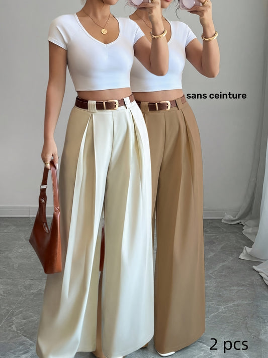 Ensemble de pantalons taille haute 2 pièces pour femmes, couleur unie, style élégant