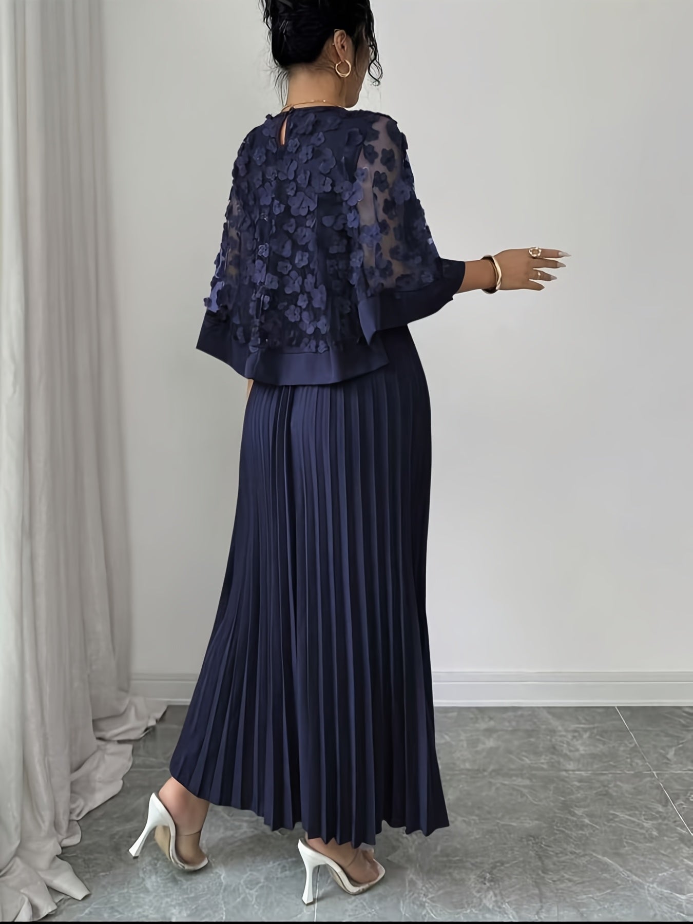 Jupe longue plissée ,grande taille, élégante chandail en voile transparente ornée de fleurs, 2-en-1