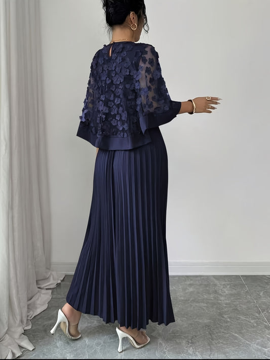 Jupe longue plissée ,grande taille, élégante chandail en voile transparente ornée de fleurs, 2-en-1