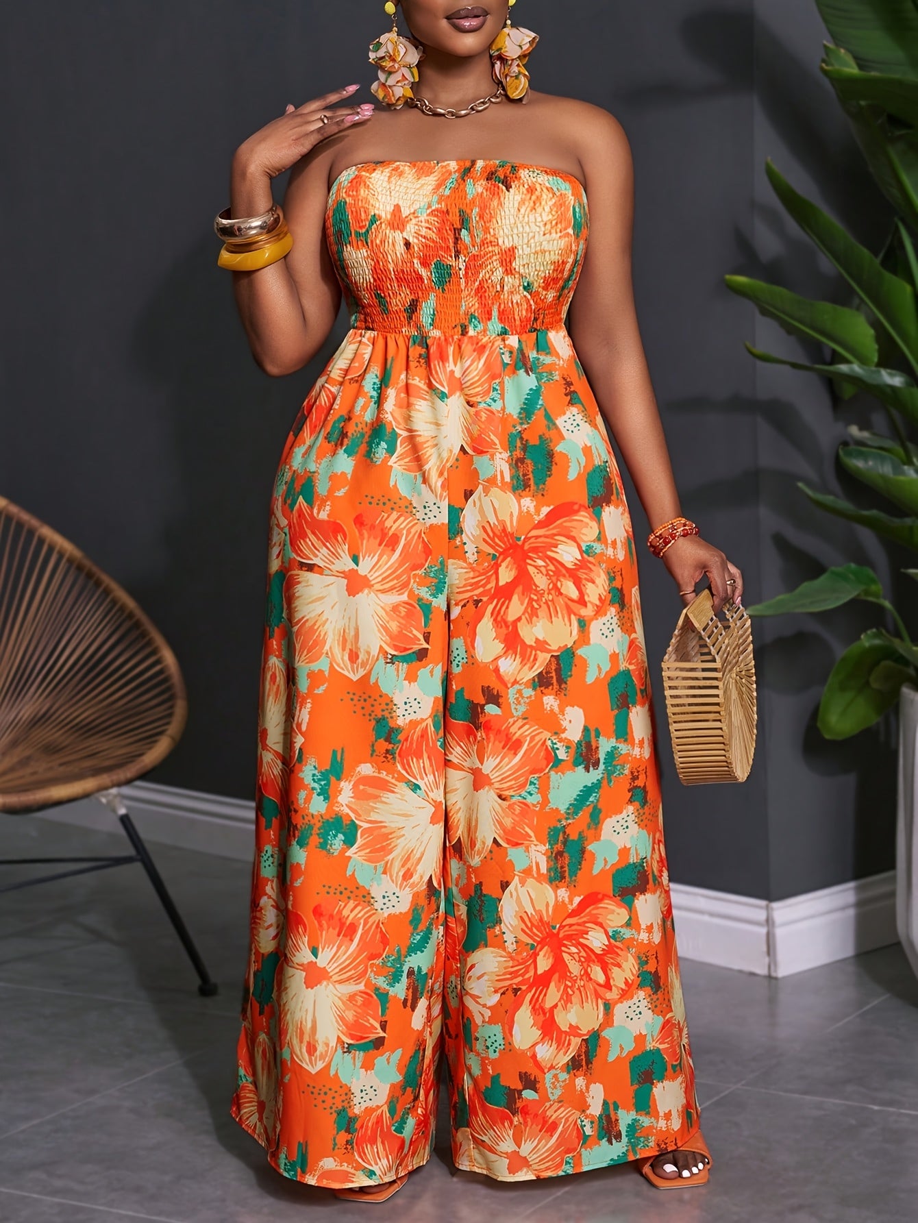 Combinaison grande taille pour femmes, design dos ouvert, motif Imprimé floral, pantalon décontracté sans manches taille haute