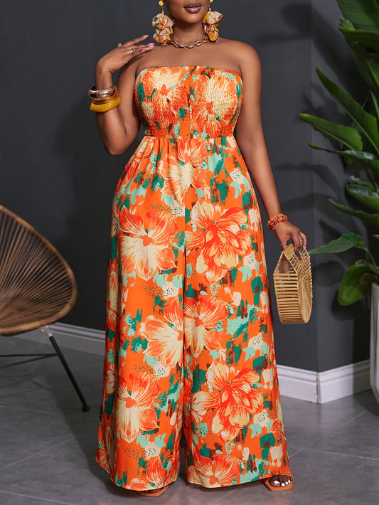 Combinaison grande taille pour femmes, design dos ouvert, motif Imprimé floral, pantalon décontracté sans manches taille haute