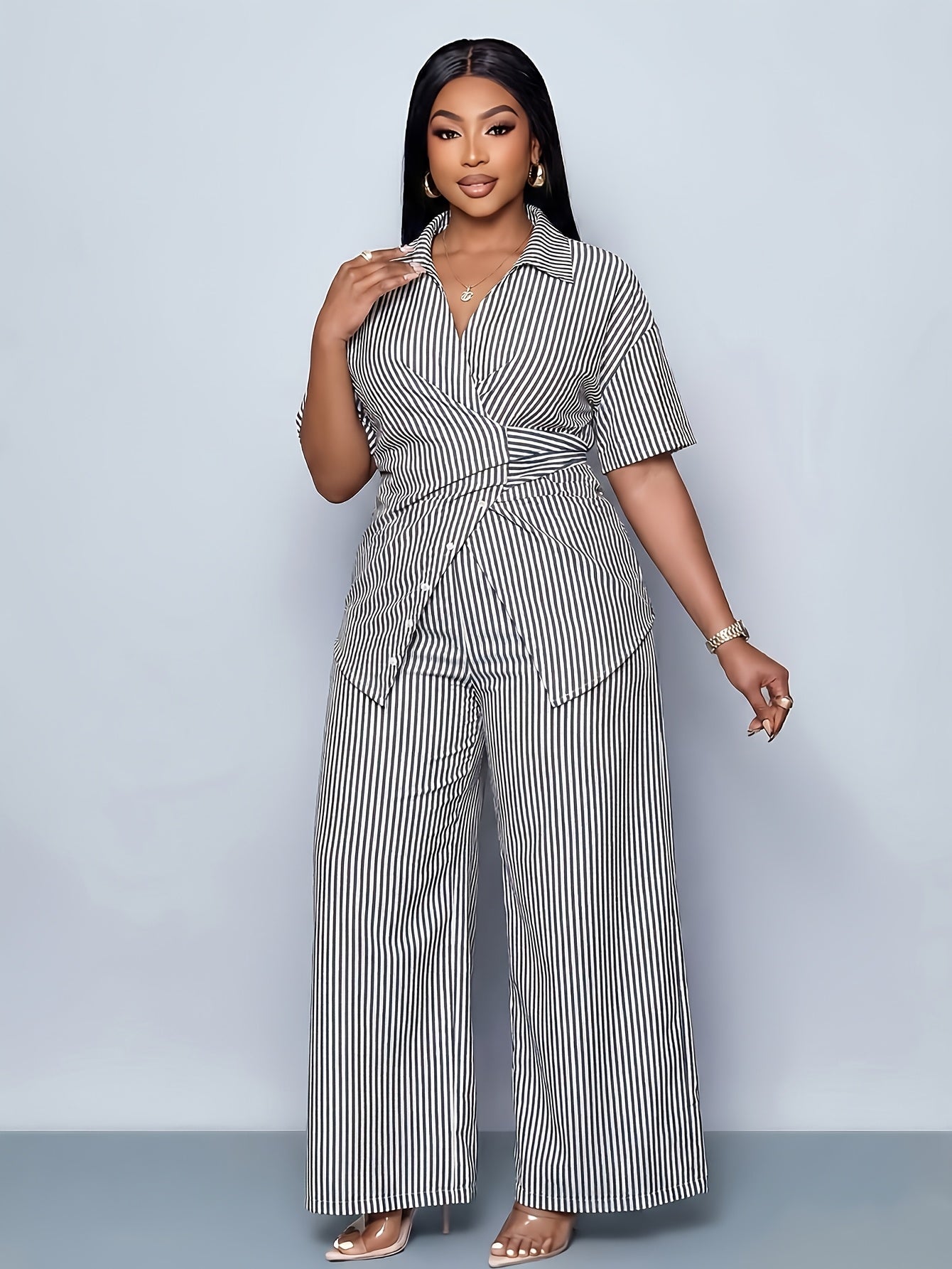 Ensemble 2 pièces grande taille pour femme : blouse à nouer à l'avant ouverte à imprimé rayé et pantalon à jambes larges, ourlet asymétrique, vêtement de printemps/été,