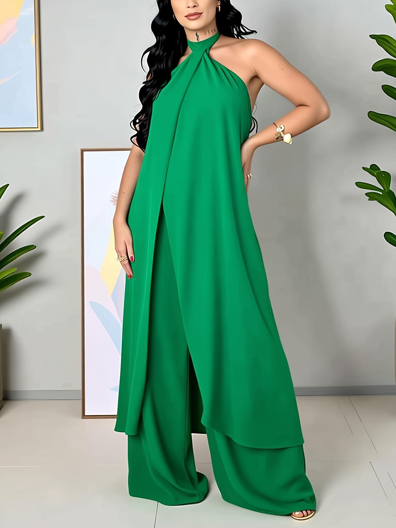 Ensemble 2 pièces pour femmes grande taille : Camisole longue à nouer et pantalon ample à taille élastique, style décontracté pour vacances