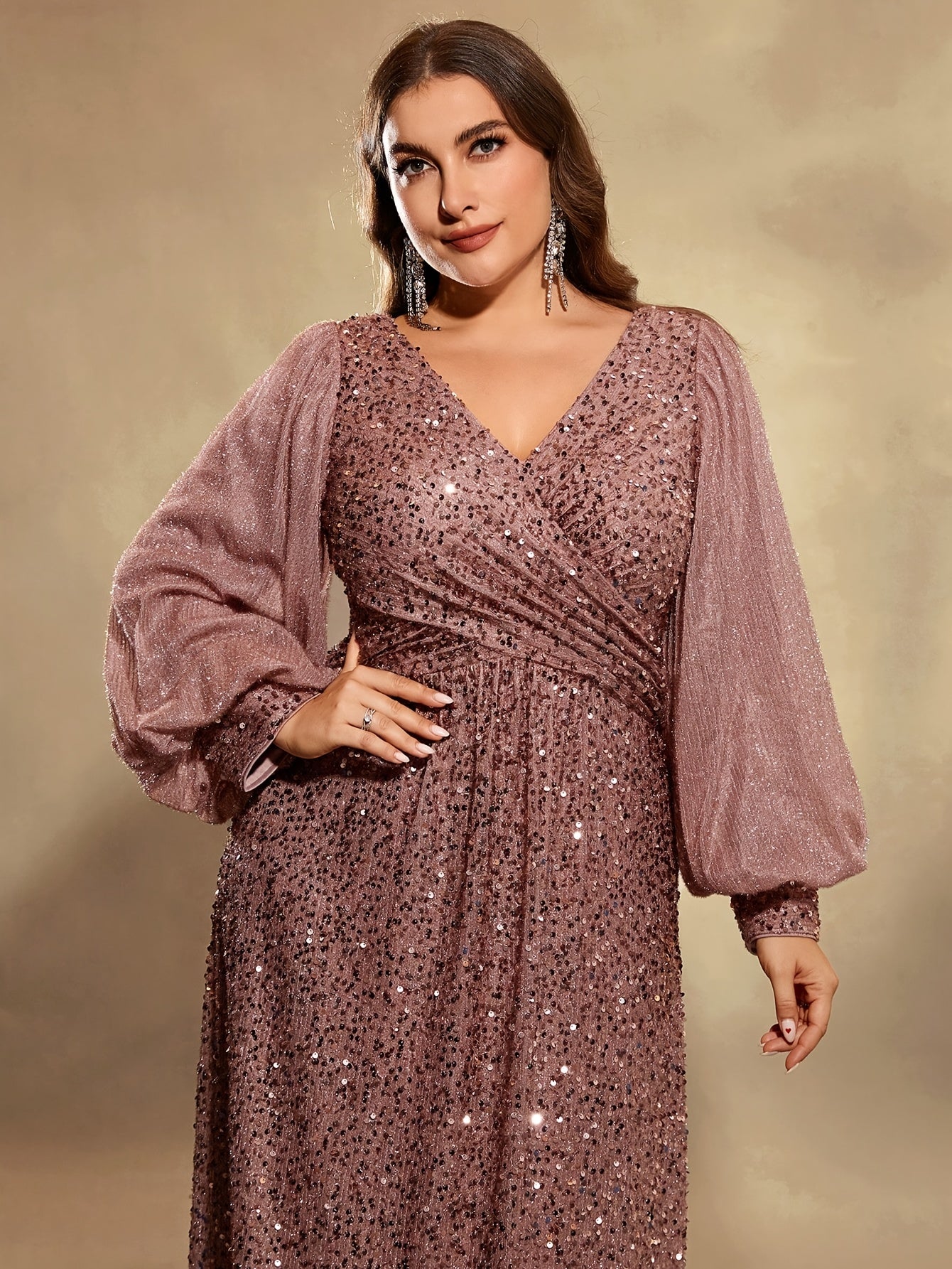Grande Taille Robe de soirée élégante à sequins, manches lanternes longues et col en V pour femmes
