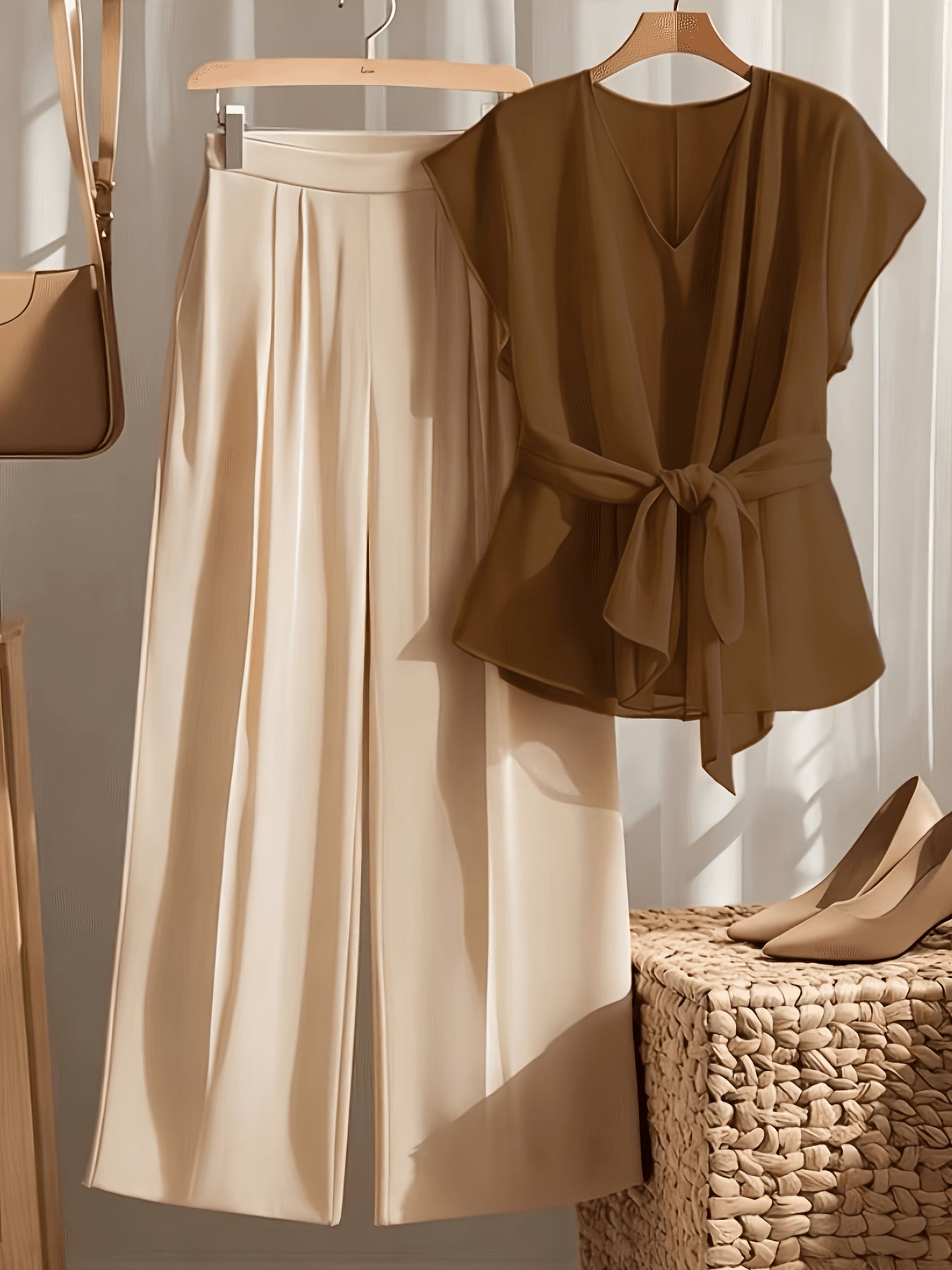 Ensemble tendance Grande taille femme : haut cintrée à col en V et pantalon large