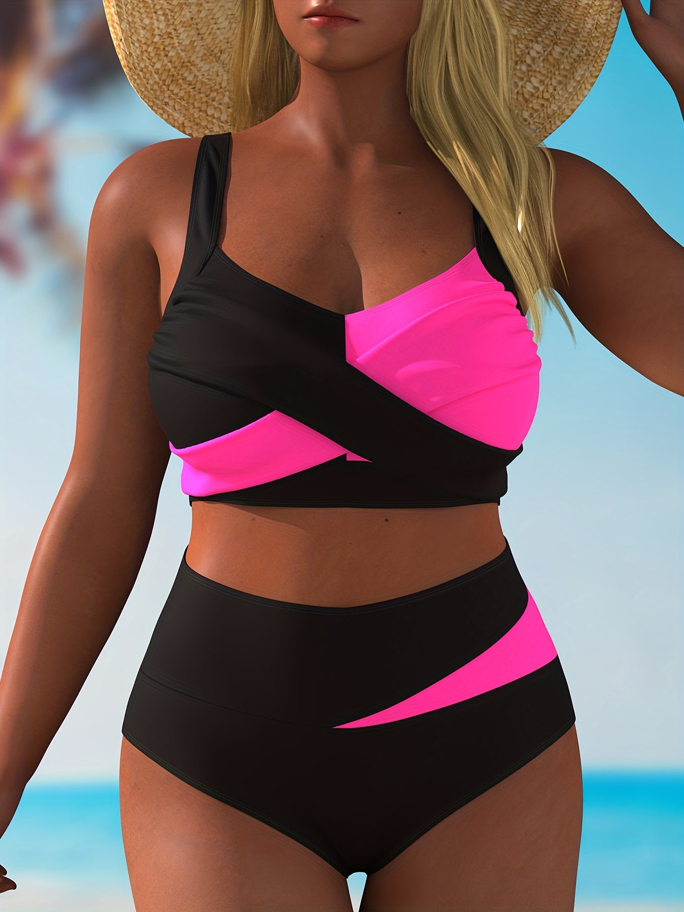 Ensemble bikini grande taille pour femmes, contrasté, froncé, à bretelles croisées et très extensible