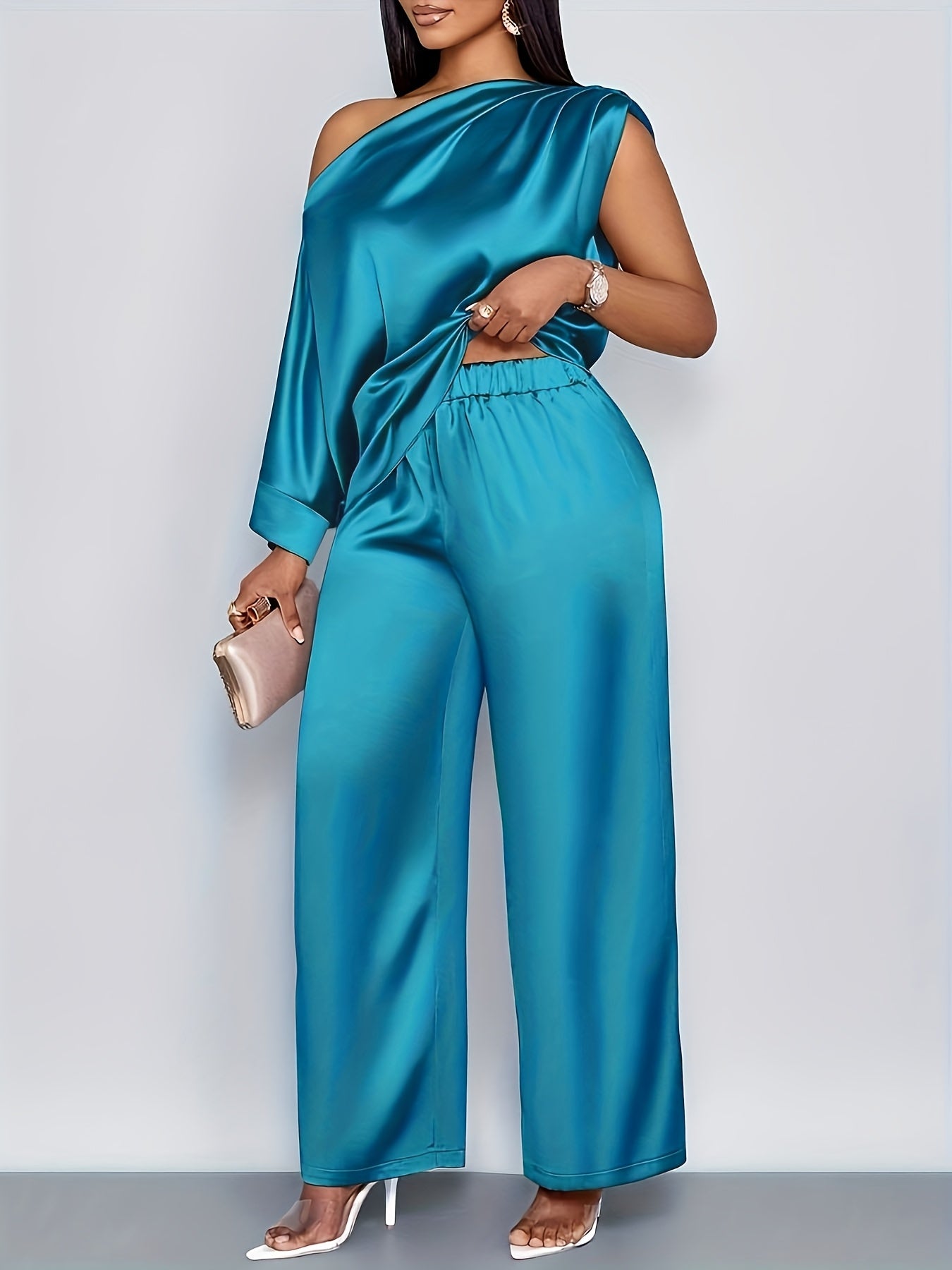Élégante ensemble pantalon droit , asymétrique encolure mode et raffinée manches chauve-souris Ourlet asymétrique chemisier en satin e