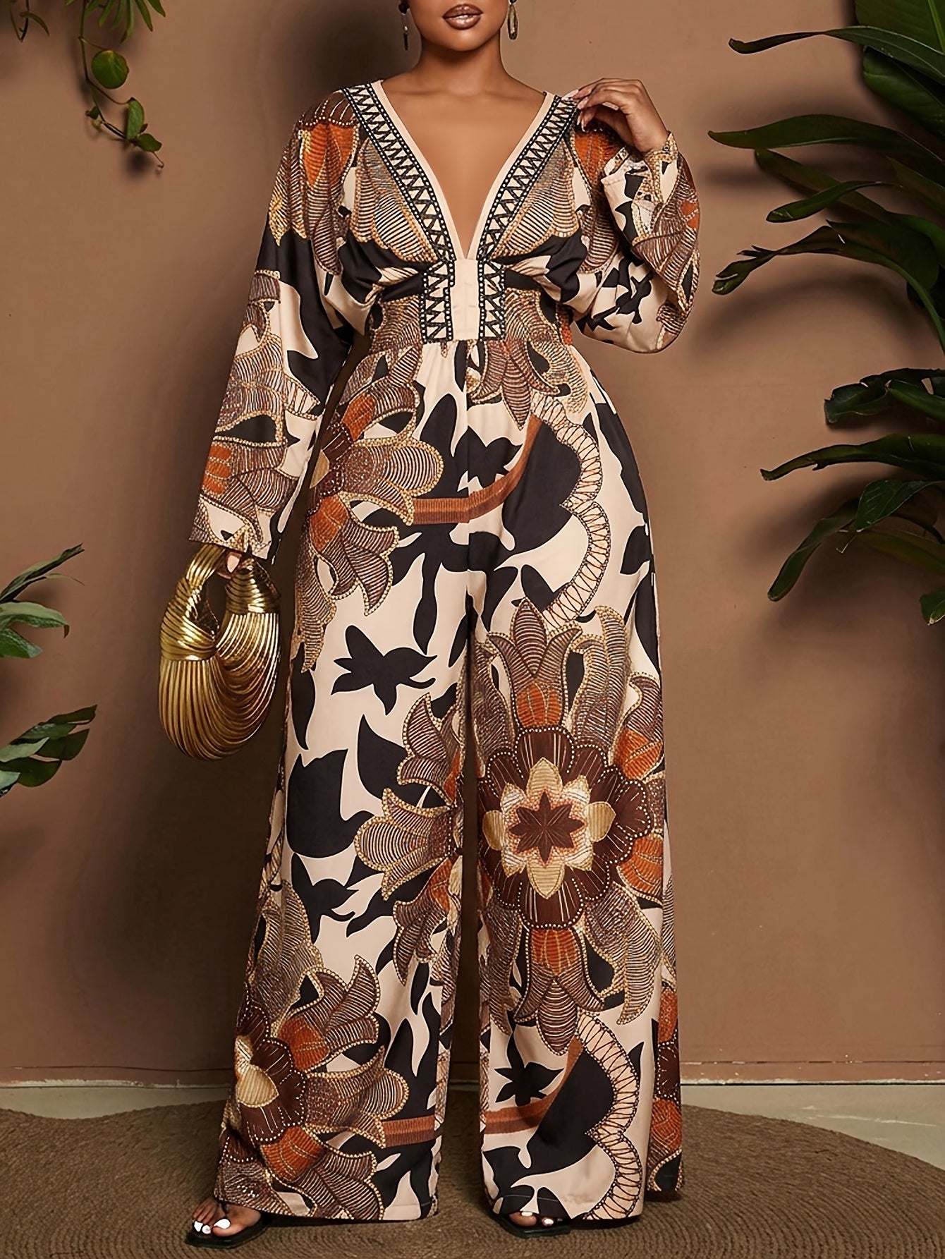 Combinaison Femme Imprimé bohème col en V profond, Jambes larges