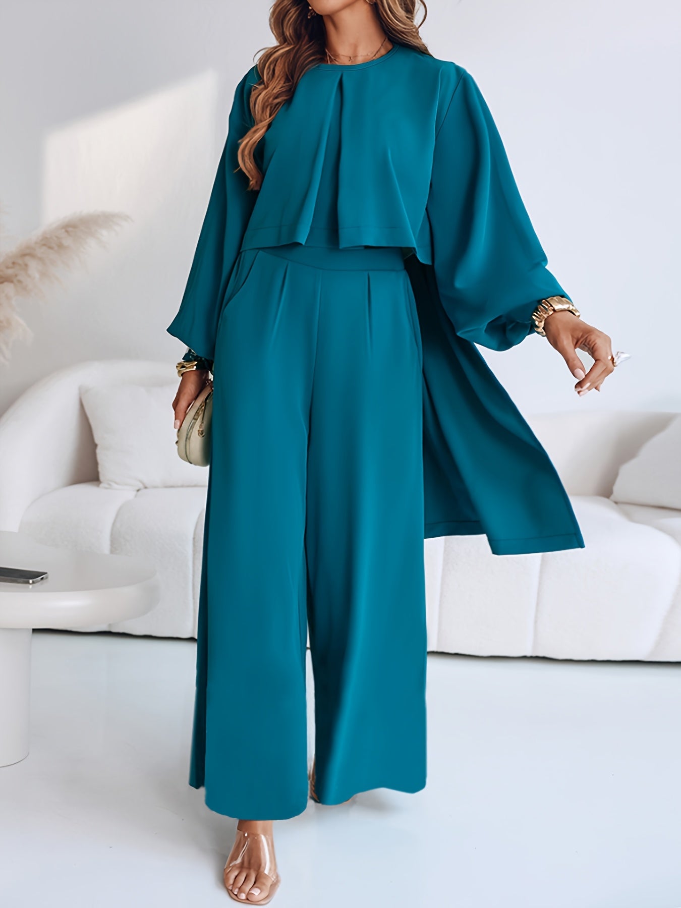 Ensemble Pantalon droit large, taille haute, haut évasé à manches longues bleu