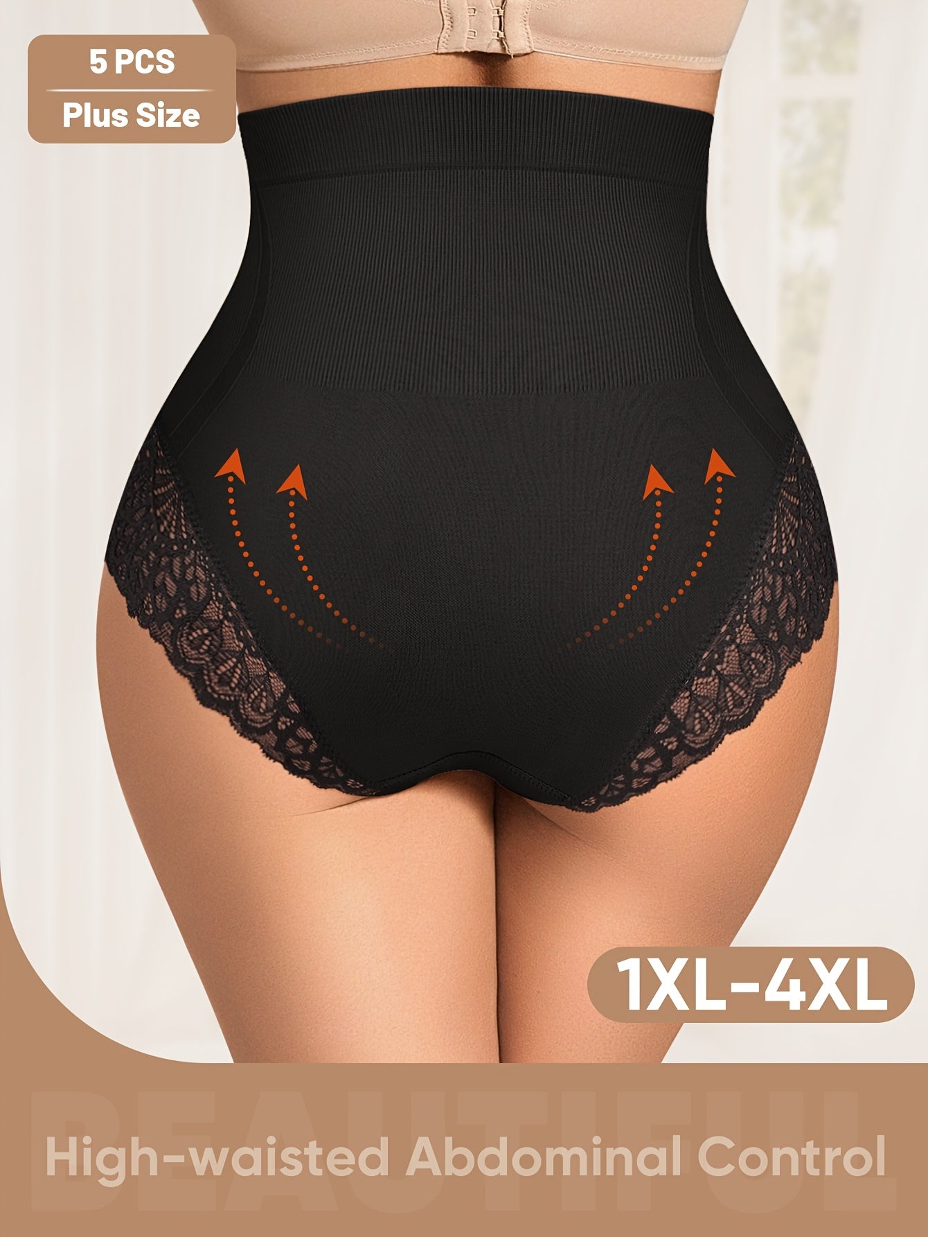 Lot de 5 culottes taille haute ,grande taille pour femme, en lycra et dentelle.