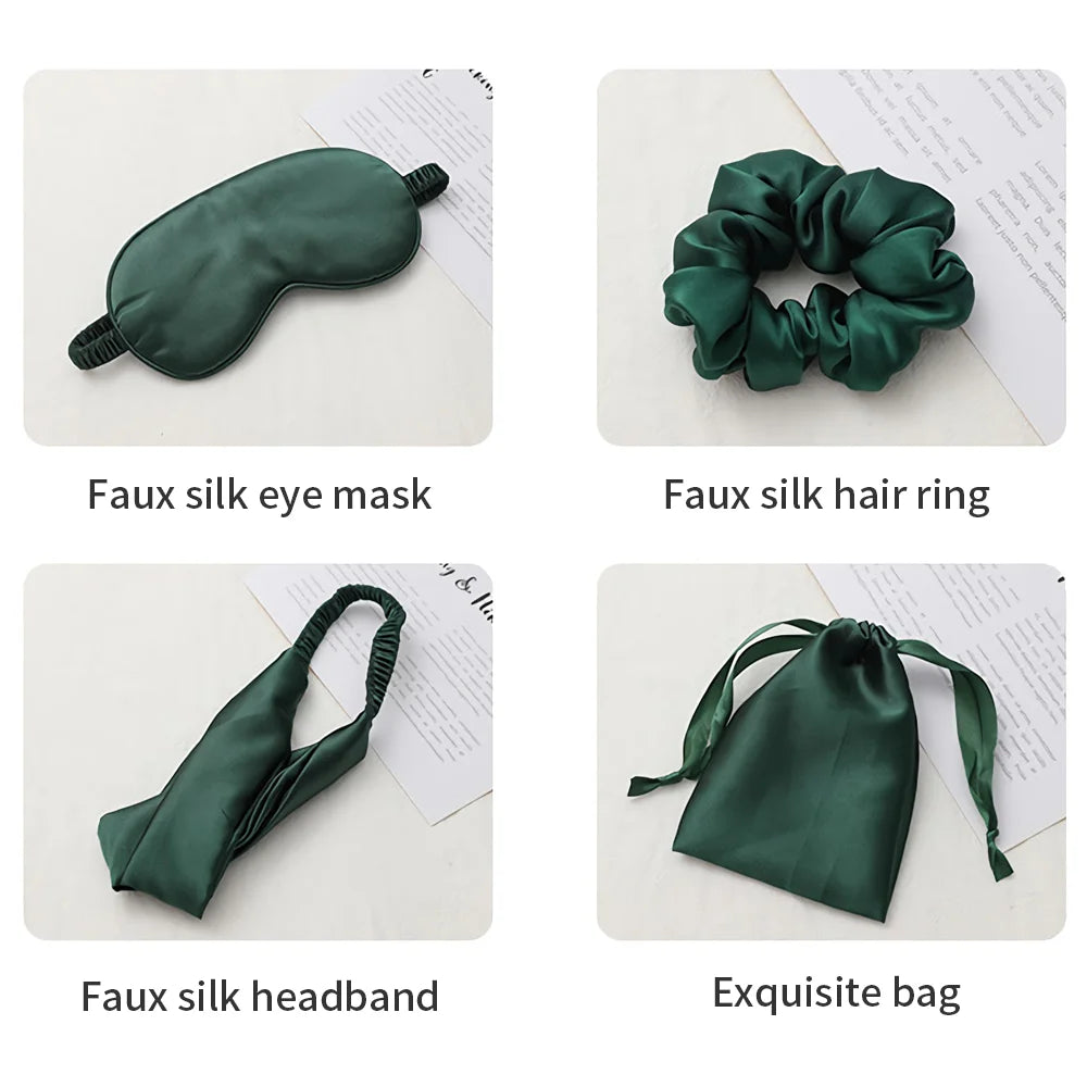 Masque de sommeil en fausse soie, combinaison quatre pièces, doux et respectueux de la peau, léger, résistant au repos, voyage, sieste, mieux dormir pour femmes