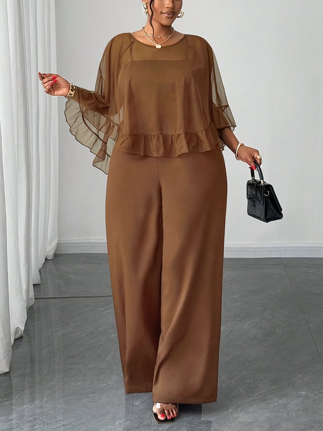 Combinaison marron grande taille femme, avec cardigan en voile