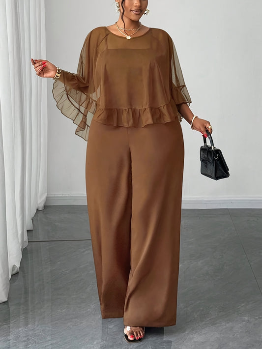 Combinaison marron grande taille femme, avec cardigan en voile