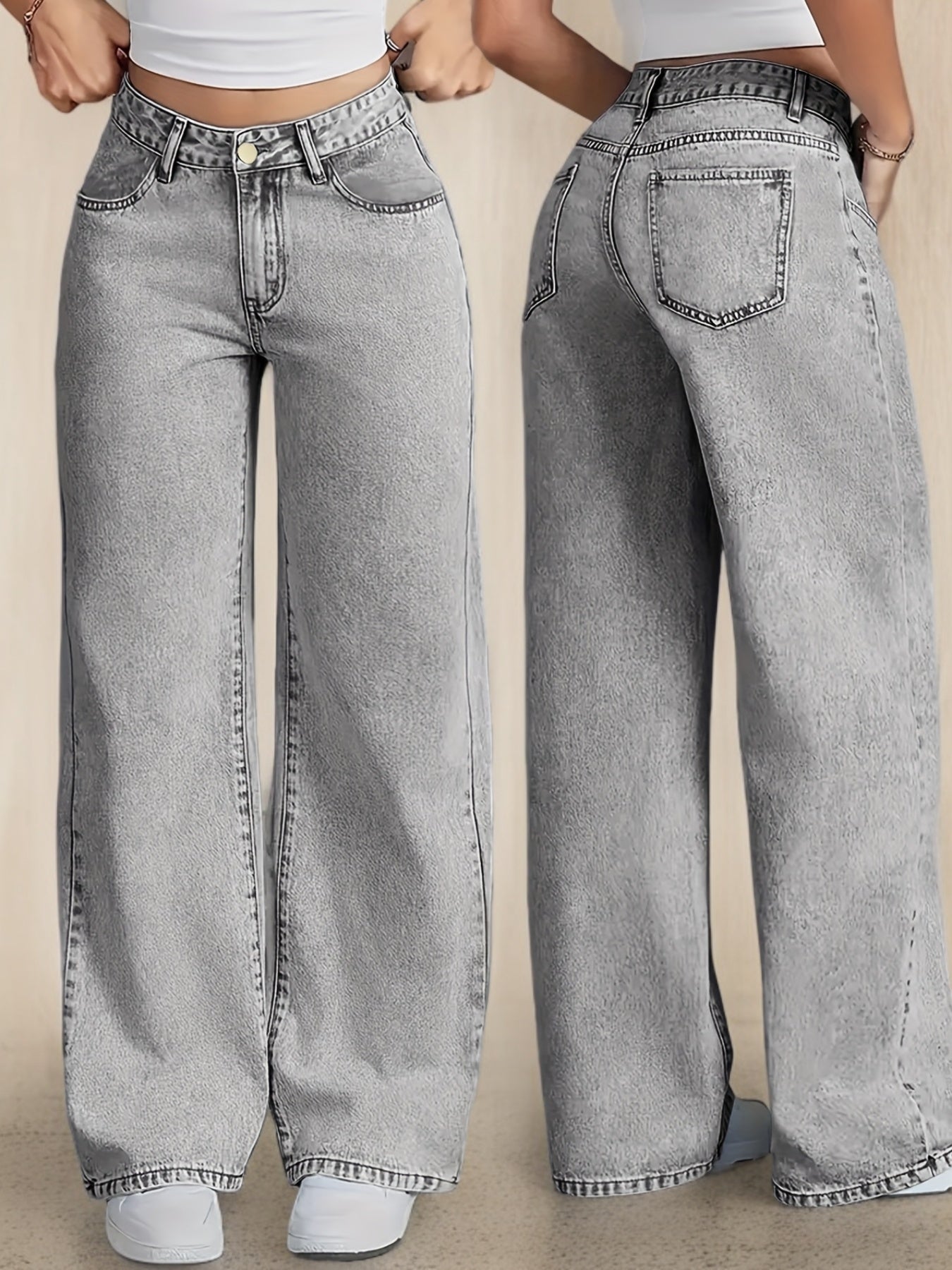 Jeans stretch jambes large avec Poches, en Denim Gris lavé.