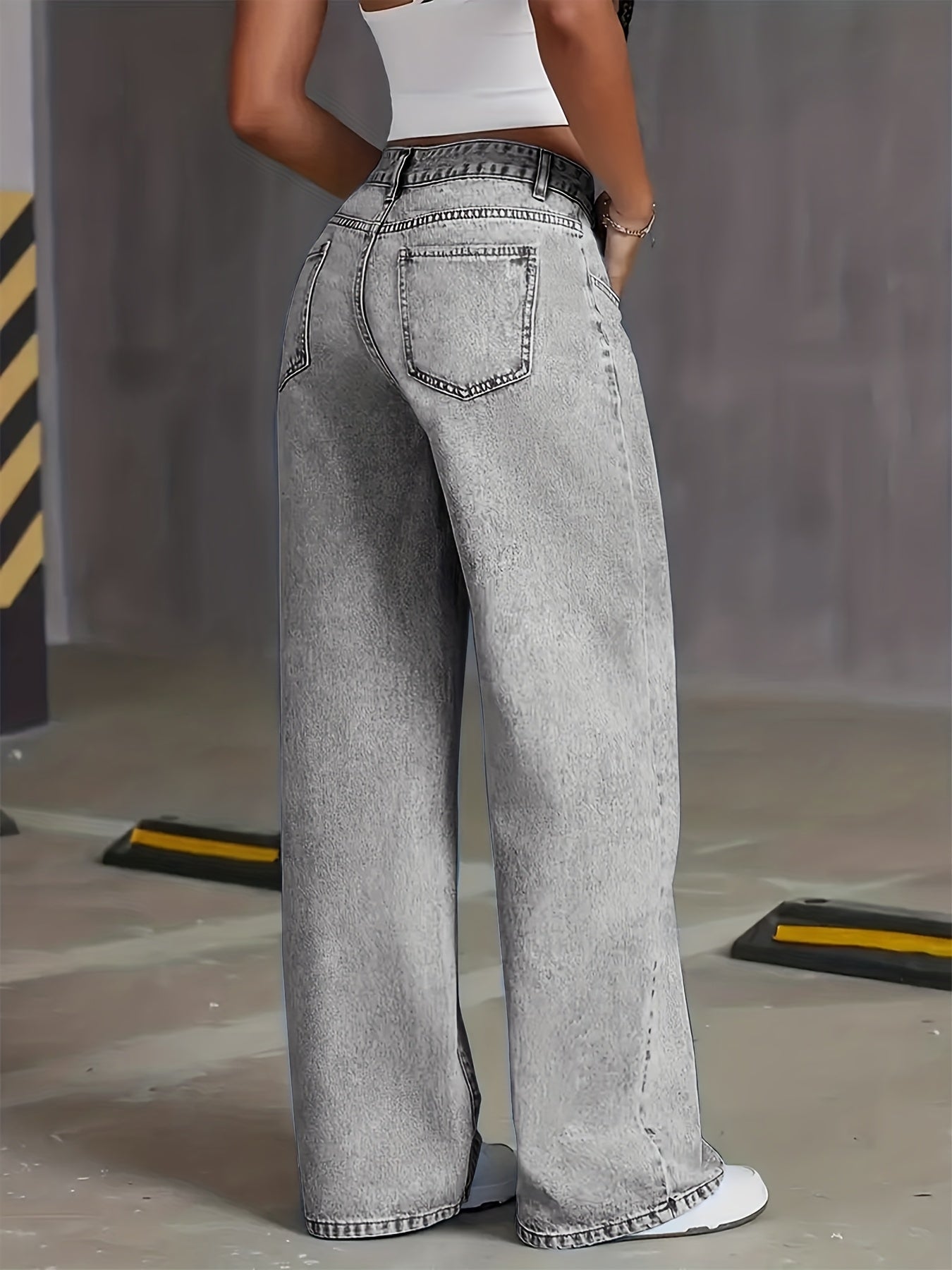 Jeans stretch jambes large avec Poches, en Denim Gris lavé.