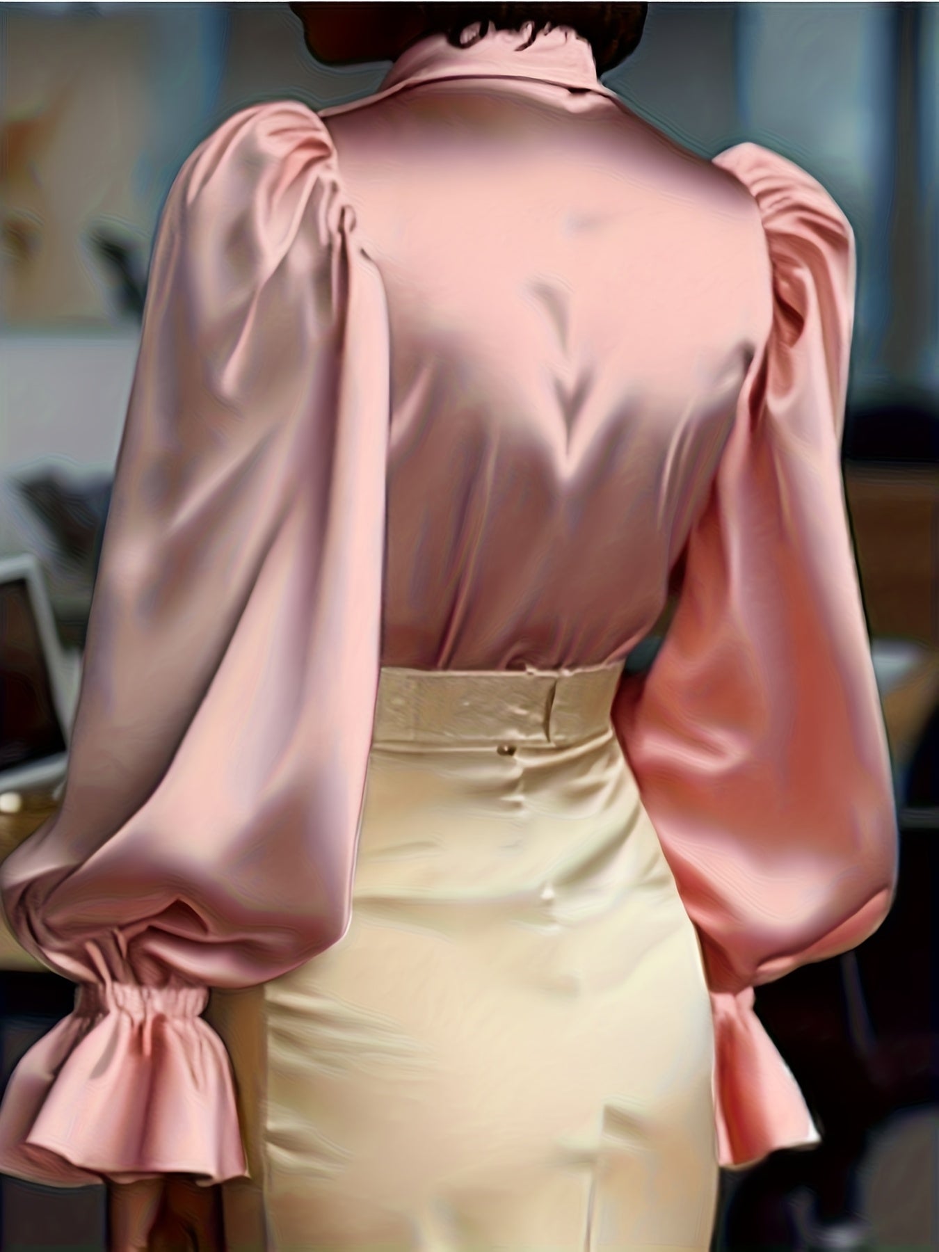 Chemise élégante et pleine de tempérament en satin et crêpe satinée à manches lanternes bouffantes.