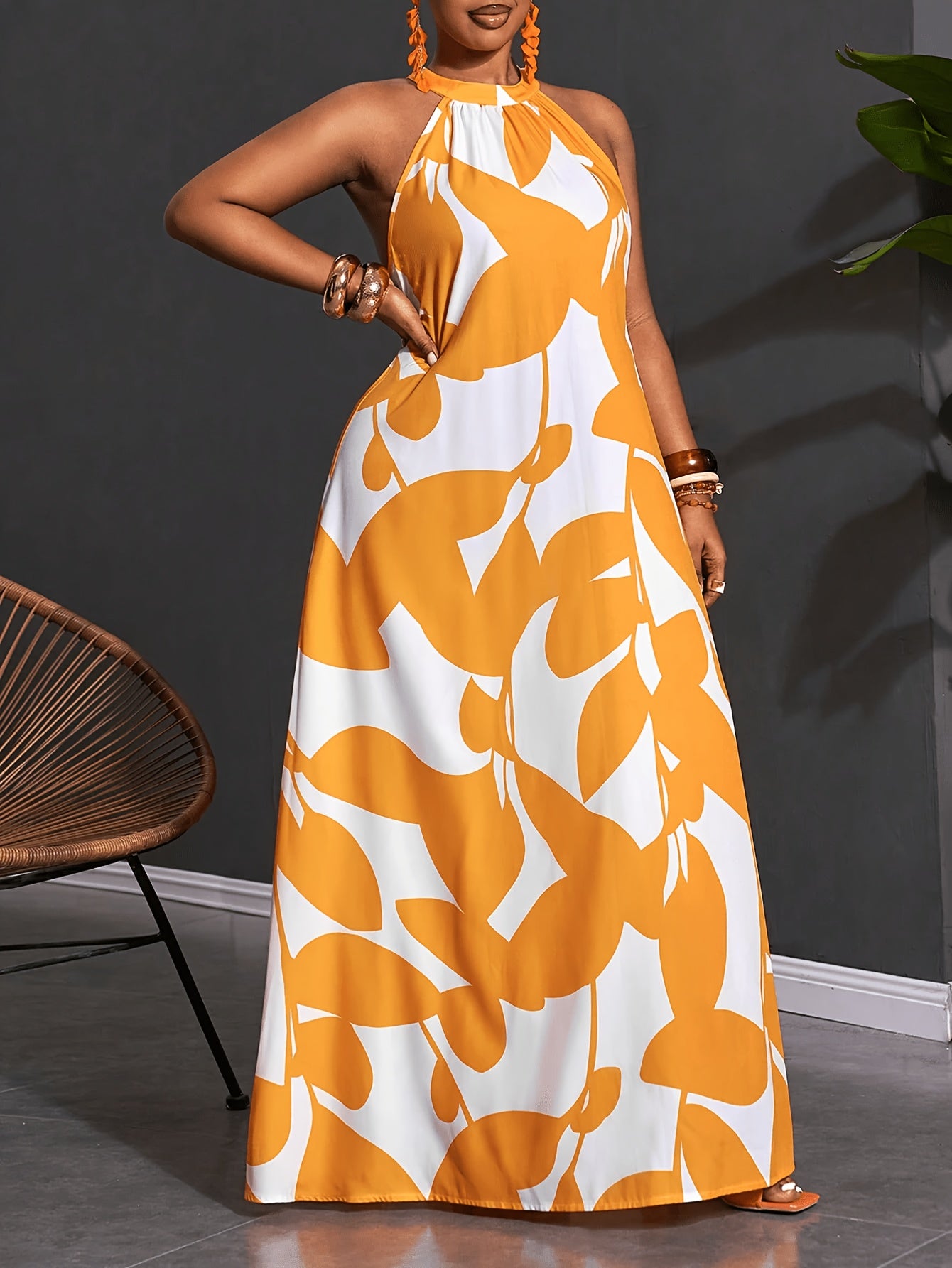 Robe Longue Ample Imprimée Sans Manches Épaules Dénudées, Convient pour les Vacances, les Rendez-vous, la Photographie