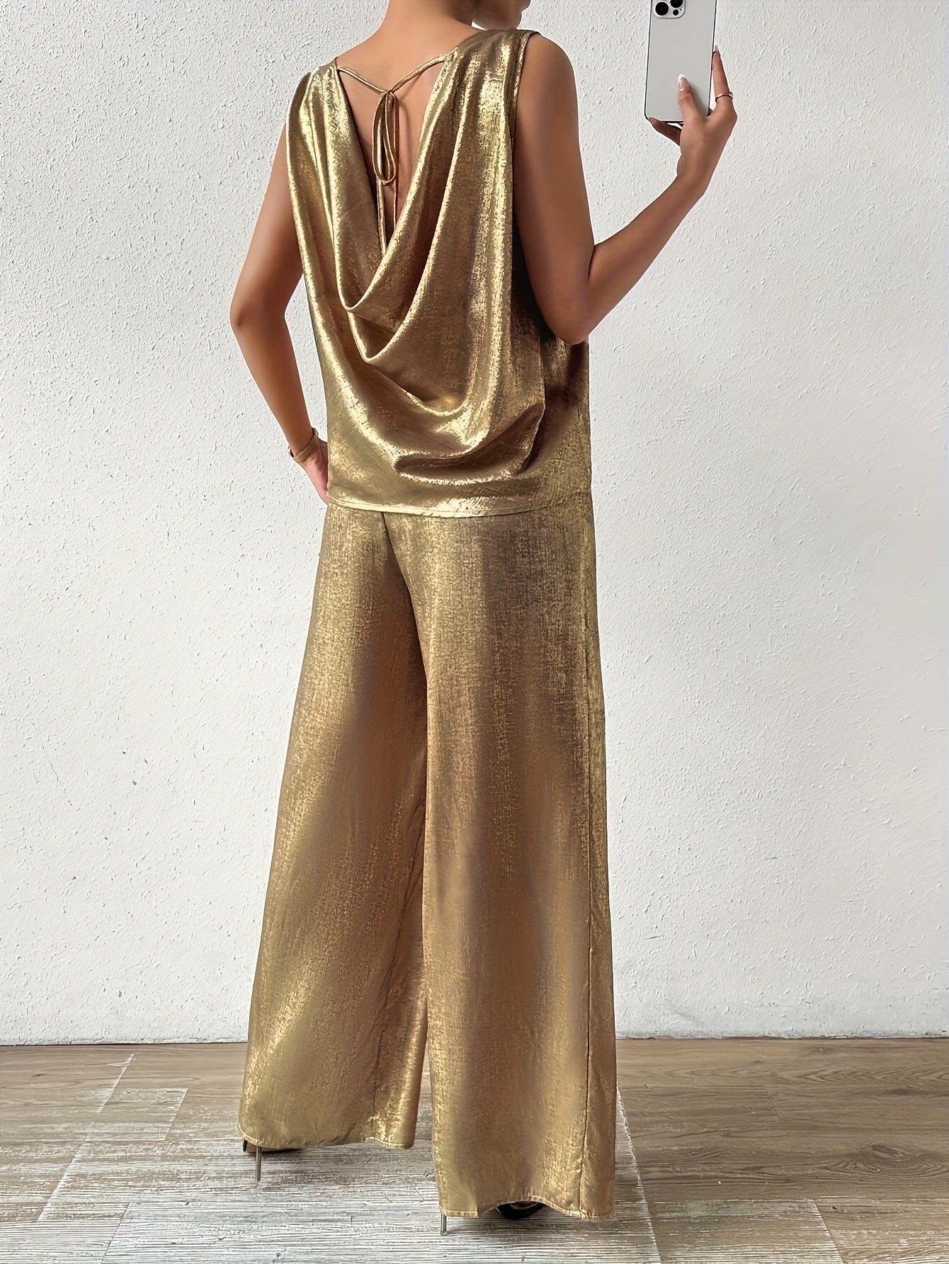 Ensemble de soirée grande taille pour femme : haut sans manches à col rond couleur métallisée + pantalon à jambes larges à taille élastique