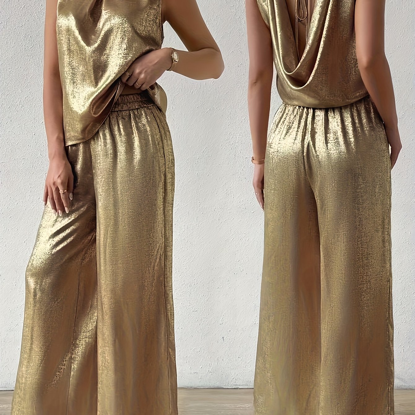 Ensemble de soirée grande taille pour femme : haut sans manches à col rond couleur métallisée + pantalon à jambes larges à taille élastique
