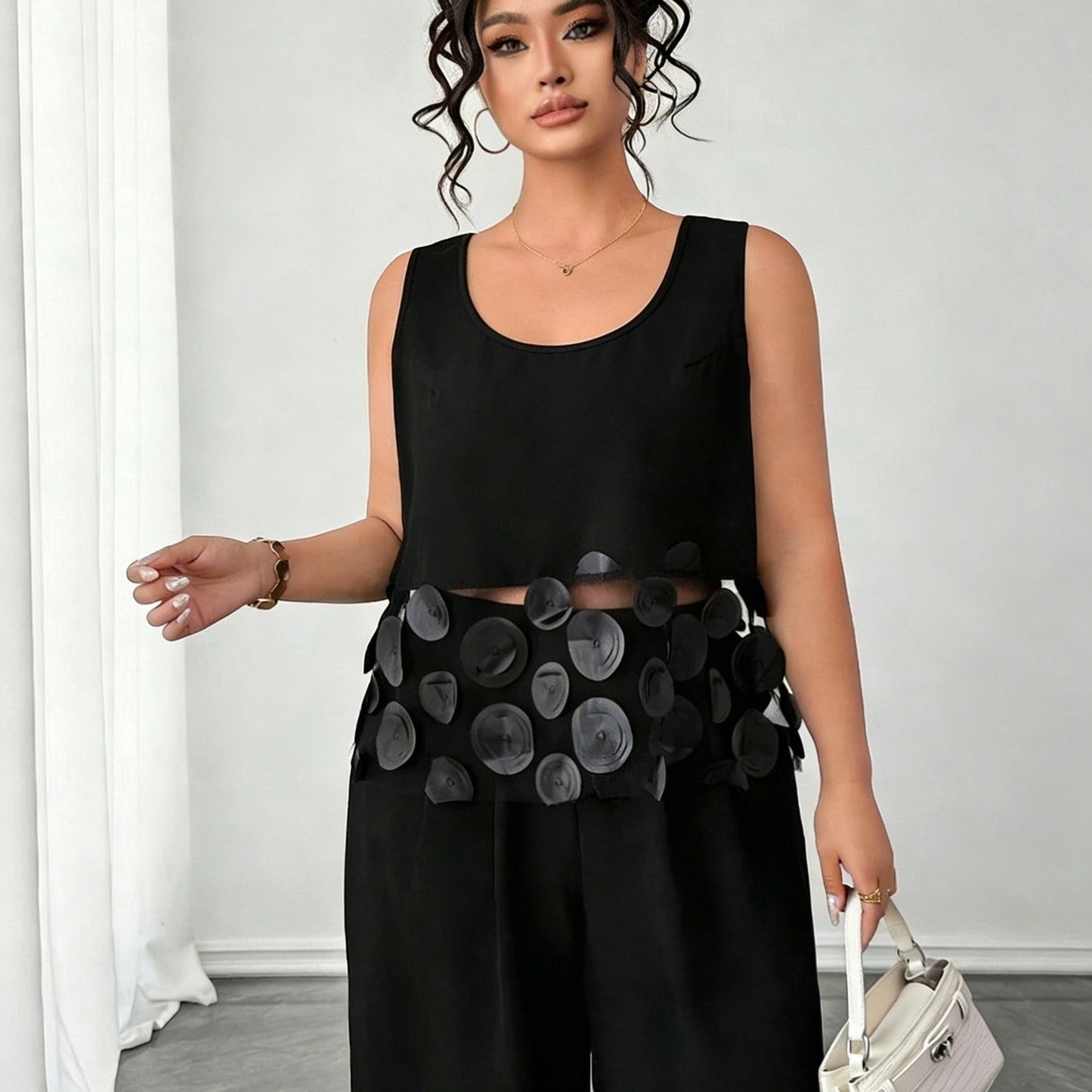 Ensemble 2 pièces grande taille pour femme : haut élégant sans manches à col rond de couleur unie + pantalon décontracté ample avec bordure en résille