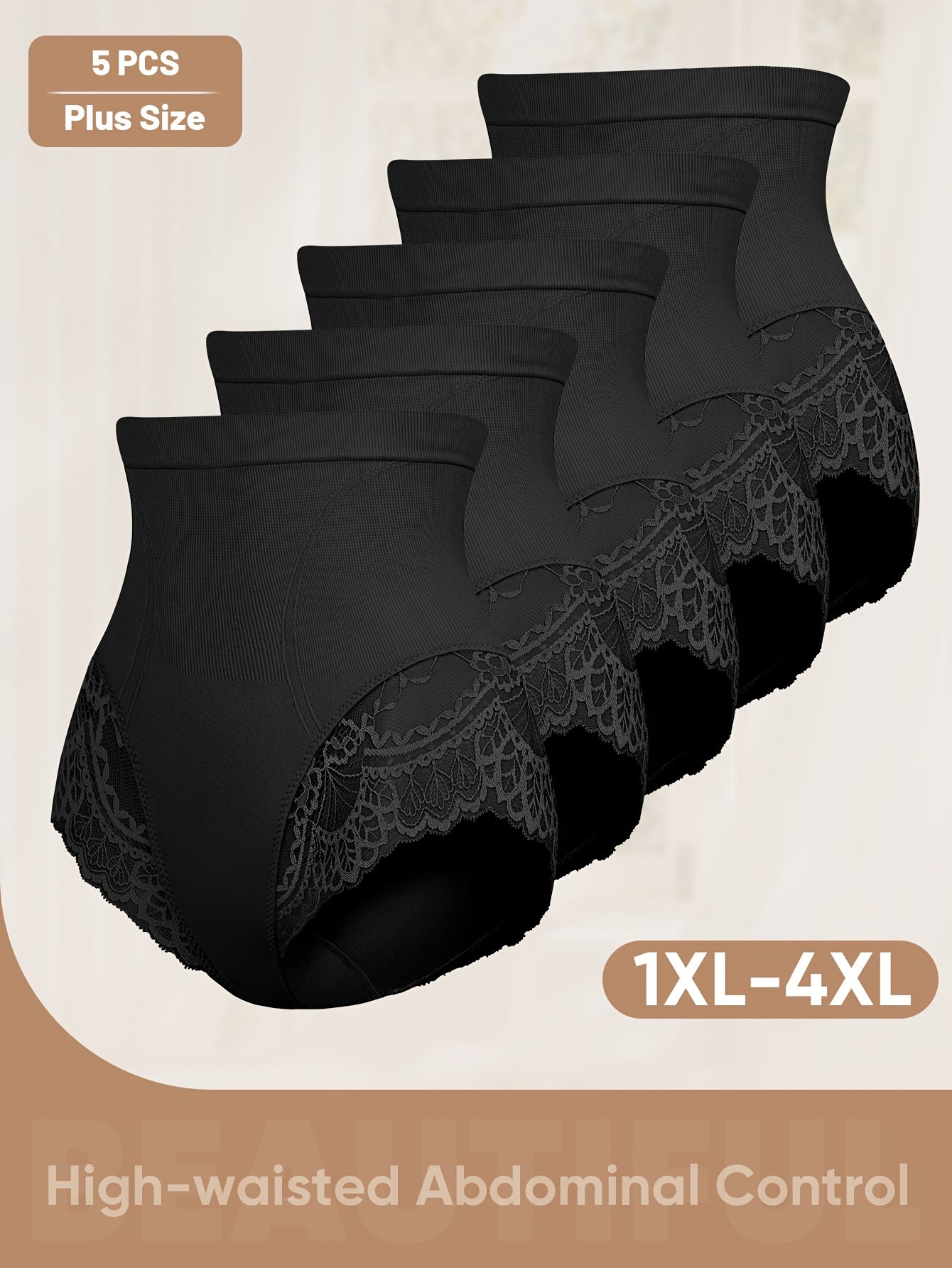 Lot de 5 culottes taille haute ,grande taille pour femme, en lycra et dentelle.