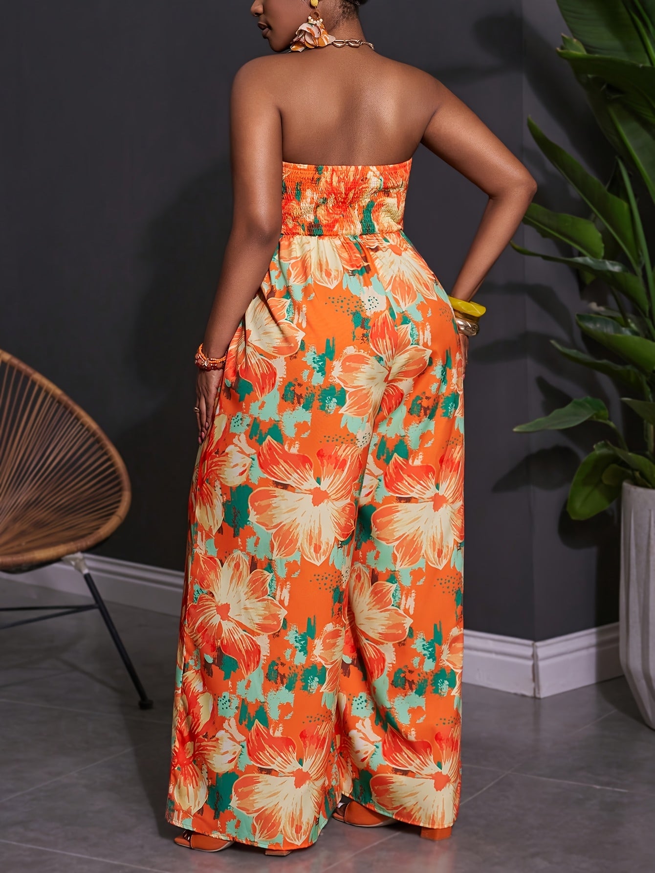 Combinaison grande taille pour femmes, design dos ouvert, motif Imprimé floral, pantalon décontracté sans manches taille haute